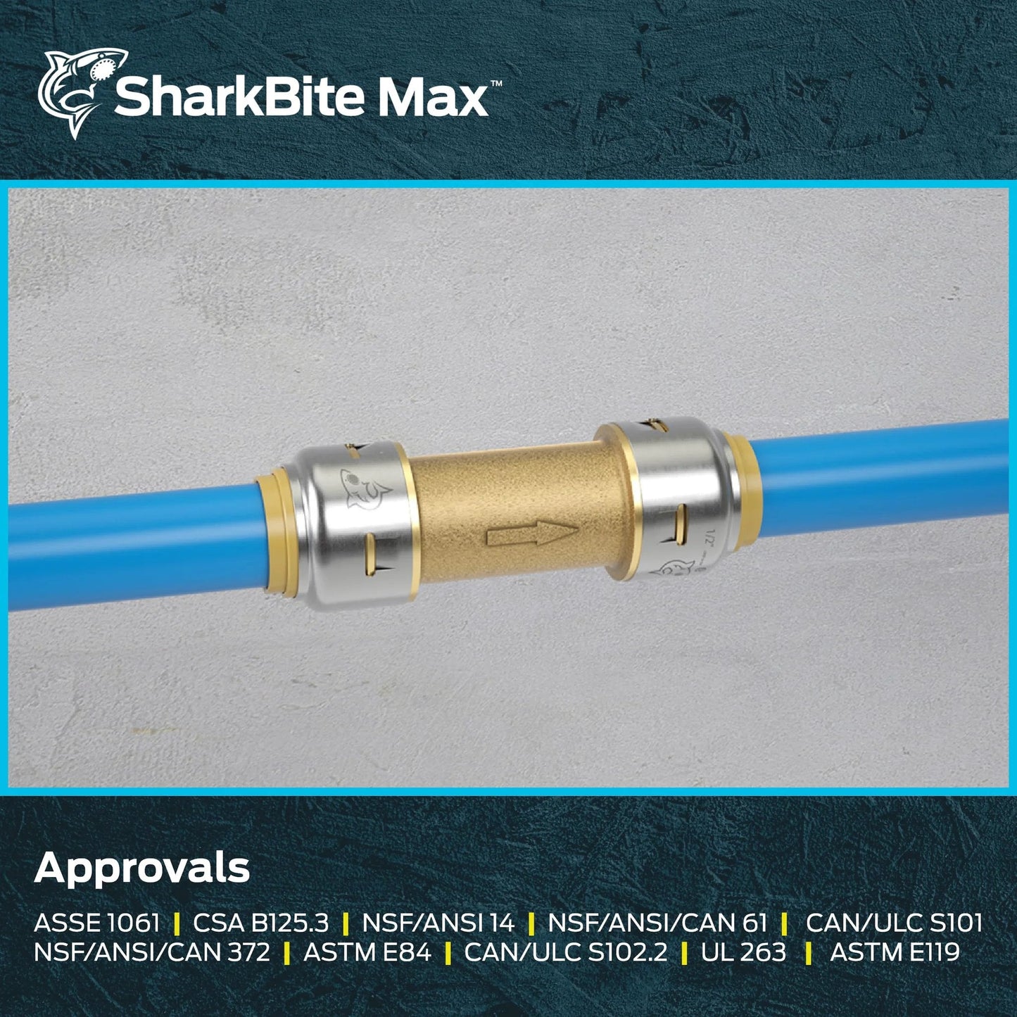 High Flow Three Quarter Inch Push To Connect Check Valve In Brass SharkBite Max UR2016A Fitting Installed on Pipe