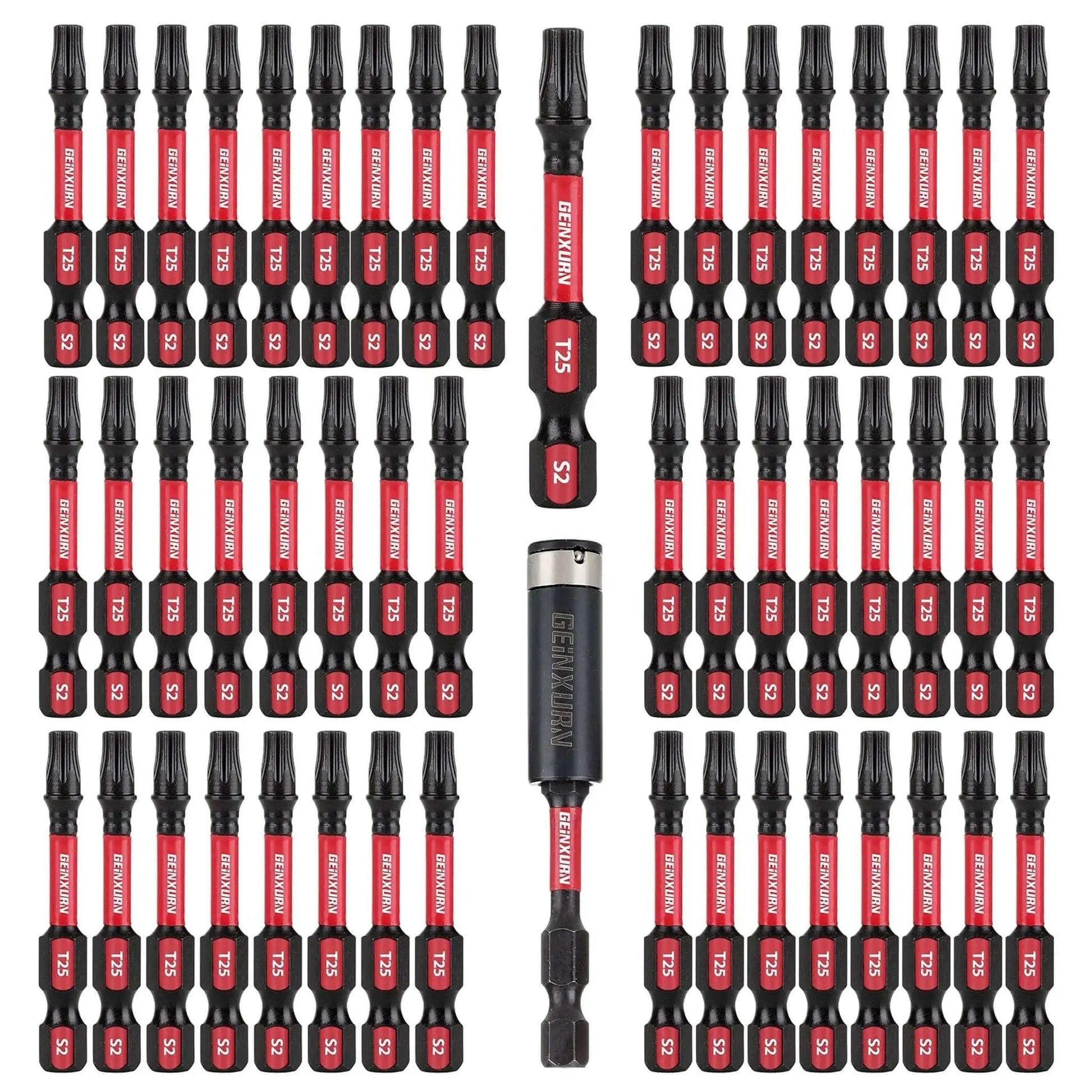 Heavy Duty 50 Piece Torx T25 Impact Bit Set With 2 Inch Bits And Magnetic Bit Holder S2 Alloy Steel Built To Last For Real Tough Jobs Includes One Impact Bit Holder By GEINXURN displayed front view