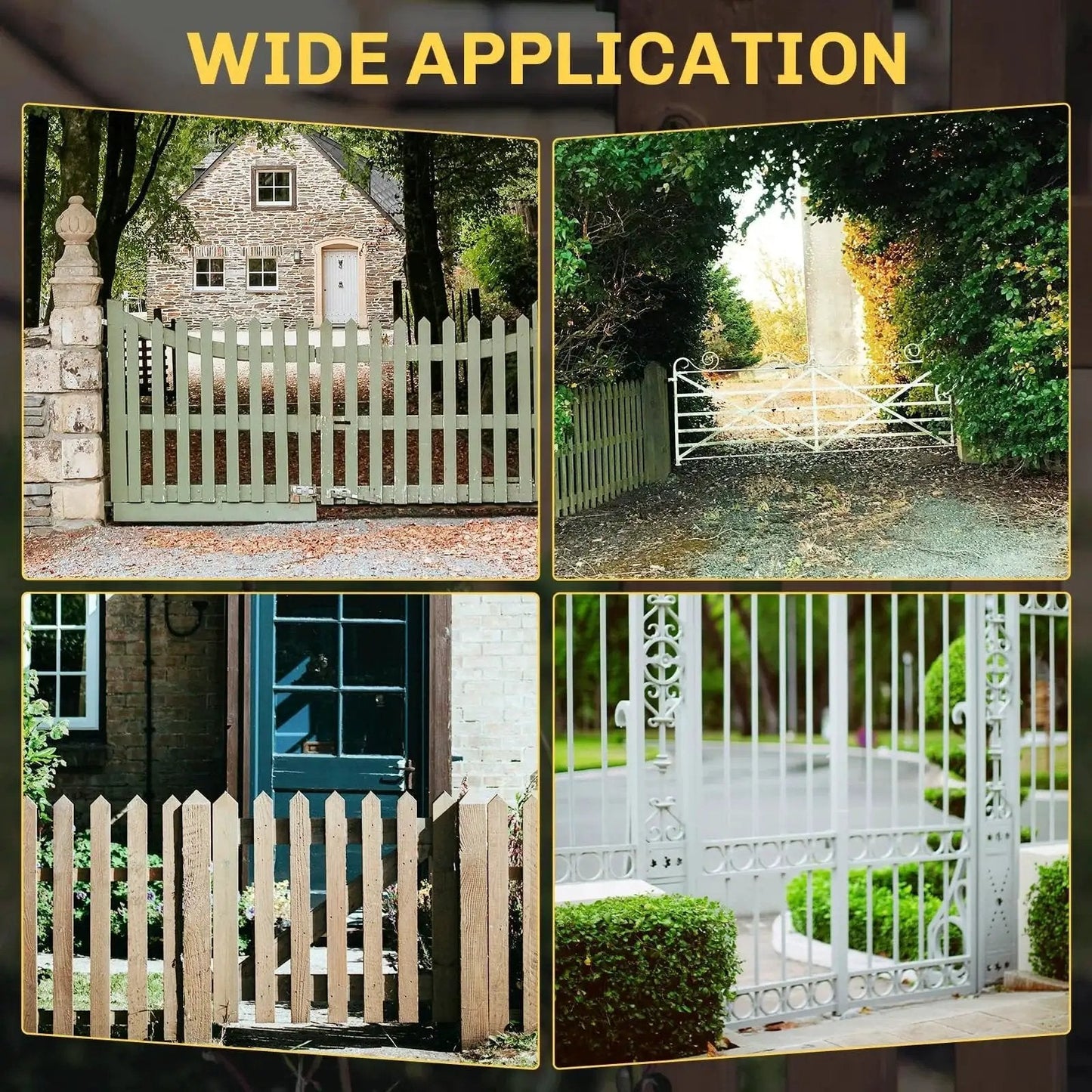 Collage of various garden gates and yard fences illustrating wide applications for 2 Inch Spring Loaded Gate Caster Wheels.