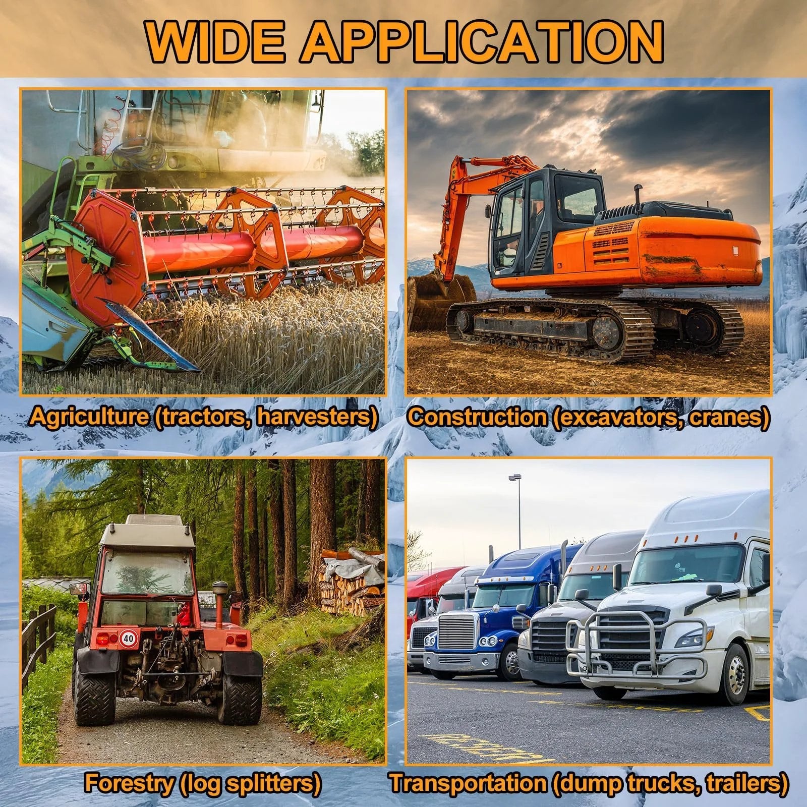 Collage showing hydraulic hose applications in agriculture, construction, forestry, and transportation.