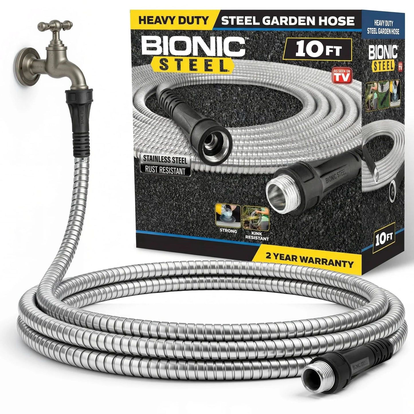 Heavy Duty 10 Ft Hose Extensions For Garden Hose Reel, Five Eighth Inch Connector, Leak Proof, Non Kinking, Flexible Hose Extension With Brass Fittings Bionic Steel coiled next to packaging and tap