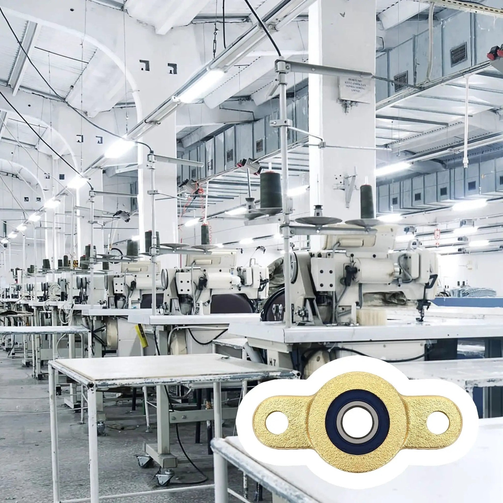 Industrial sewing machines in factory with inset image of Four Pack Pillow Block Bearing for Six Millimeter Shaft With One Quarter Inch Bore And Two Bolt Flange Self Aligning Cast Iron Housing Set Screw Locking Style Durable Copper Bearing Material For Tough Built To Last Performance And Easy Maintenance.