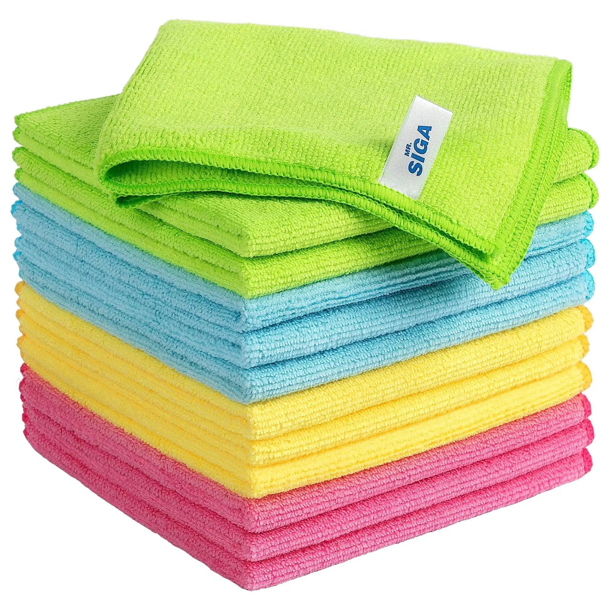 Ultra Soft Microfiber Cleaning Cloths Pack Of 12 12.6 X 12.6 Absorbent Scratch Free in assorted colors stacked neatly