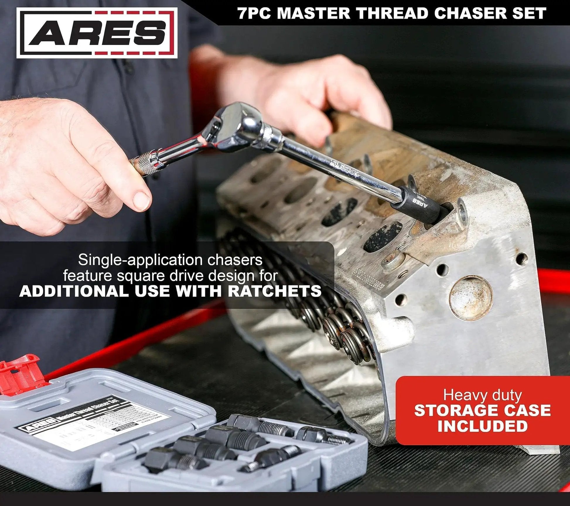 7 Piece Master Thread Chaser Set for Automotive Repairs with Storage Case used on an engine block with ratchet