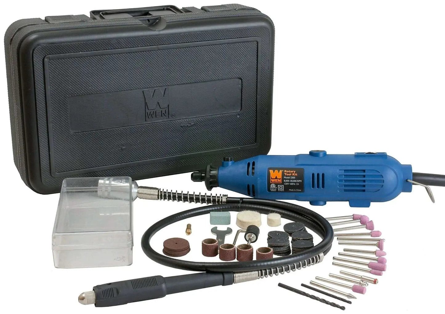 All Purpose Rotary Tool Kit With Flex Shaft From WEN, 80 Piece Accessory Set, Variable Speed 8000 To 30000 RPM, tool and accessories displayed in case