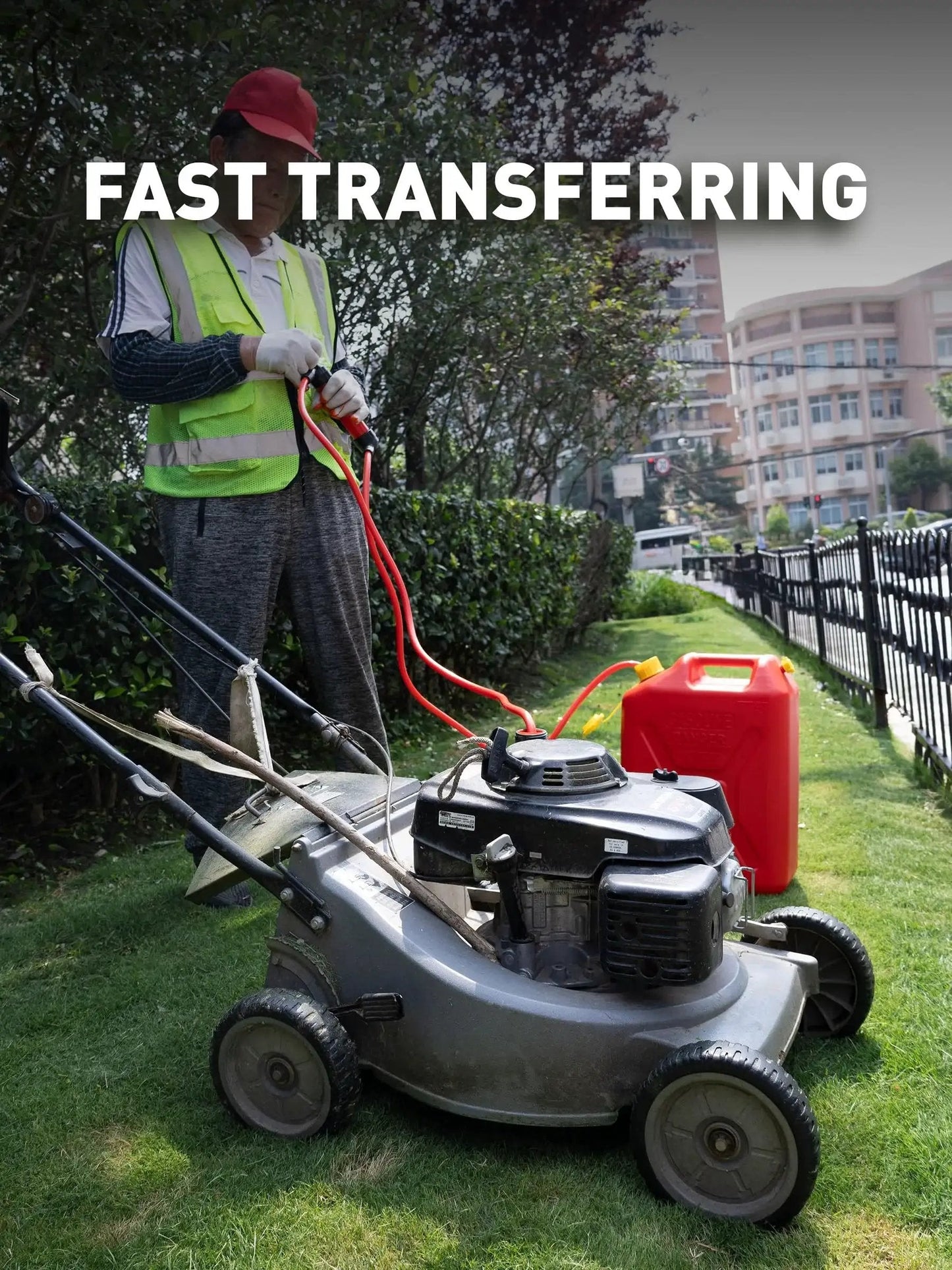 Hand Fluid Transfer Pump Siphon For Gas Oil RV Antifreeze Lawn Mower Fish Tank in use filling lawn mower