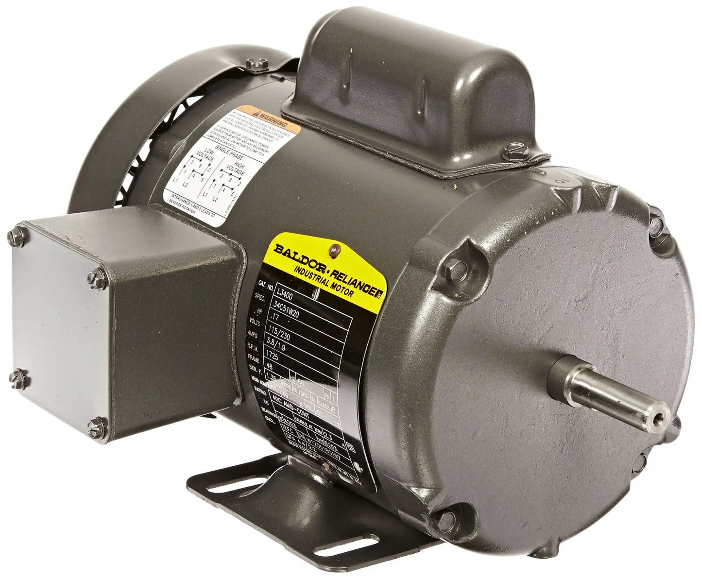 Single general purpose AC motor 48 frame TEFC, 0.17 HP 1725 RPM, 1-phase 115/230V 60Hz, sealed ball bearing, gauge steel housing