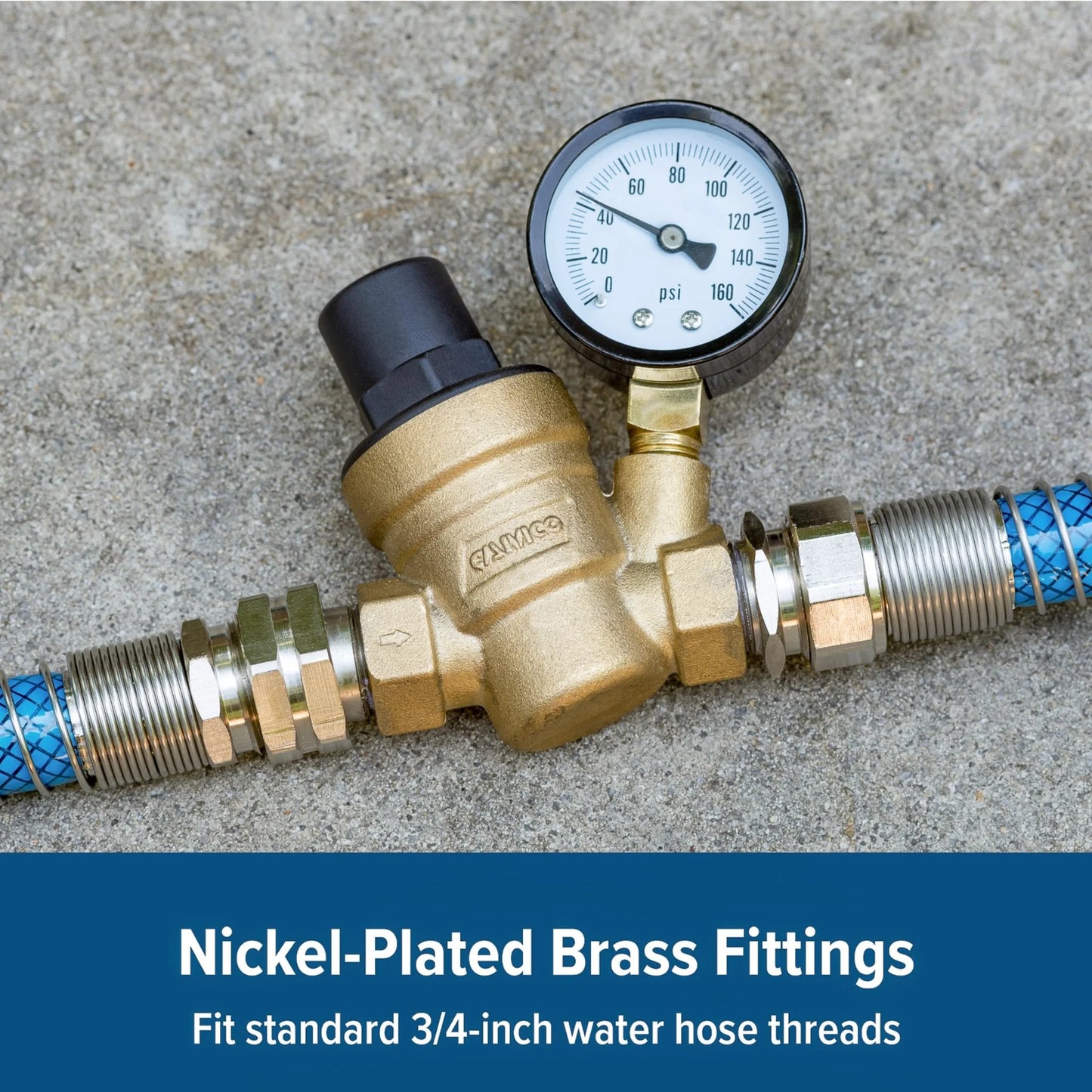 Adjustable Brass Water Pressure Regulator for RV and Marine Use With Standard Garden Hose Threads for Easy Hookup Helps Prevent Damage to Appliances Plumbing Fixtures and Hoses Camco 40058; Nickel-plated brass with gauge and blue hose fitting.