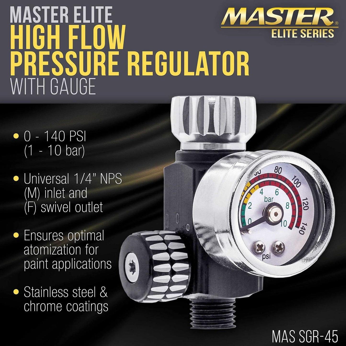 High Flow Air Pressure Regulator With Gauge For Spray Guns 0 To 140 PSI Adjustable Valve For Precise Atomization Universal 1 Quarter Inch Inlet Pro Grade HVLP Ready Master Airbrush Elite Series Compatible