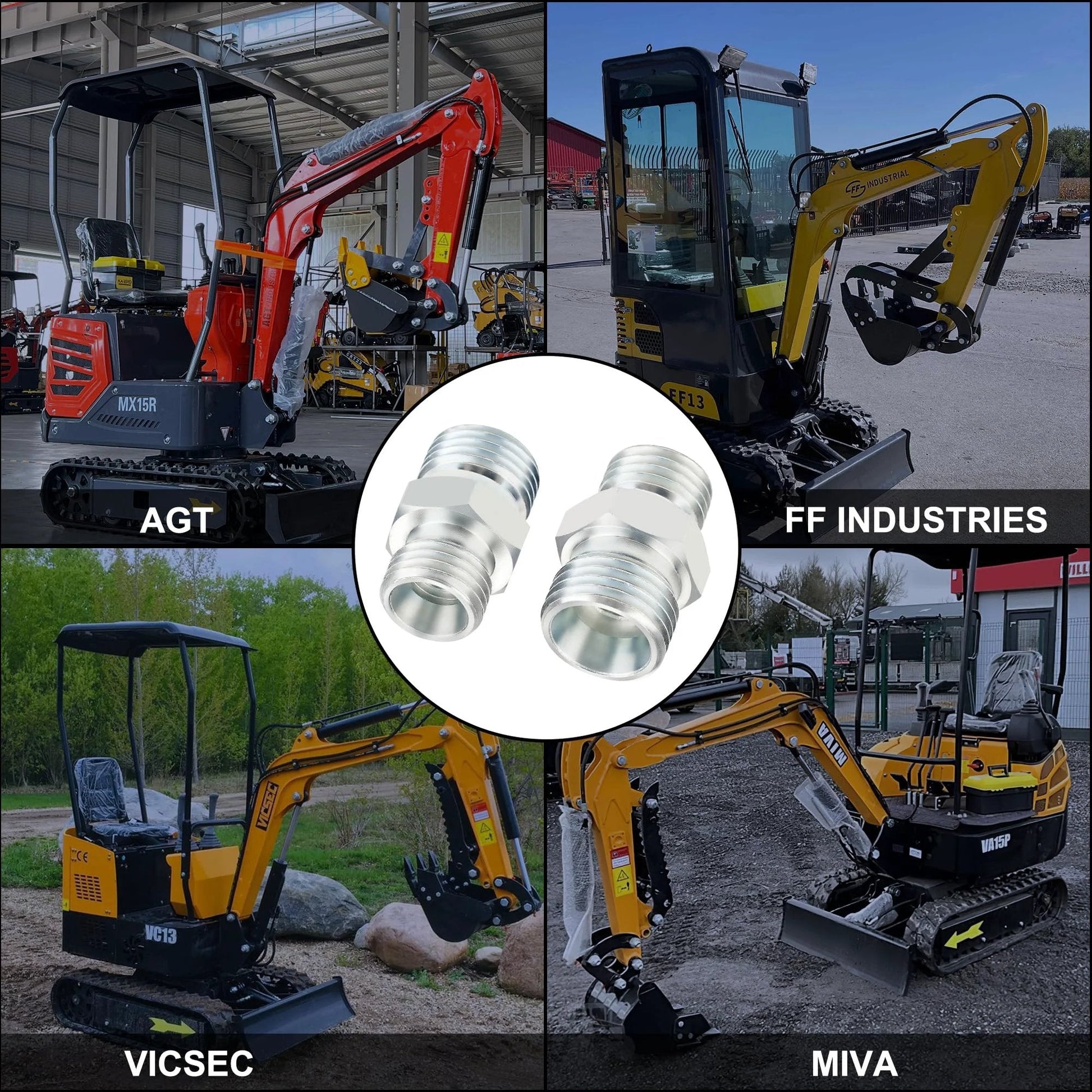 M14 To M16 Hydraulic Adapter Fittings 4 Pack For Mini Excavator Hose Connections With DIN Style BSP Threads displayed in front of excavators.
