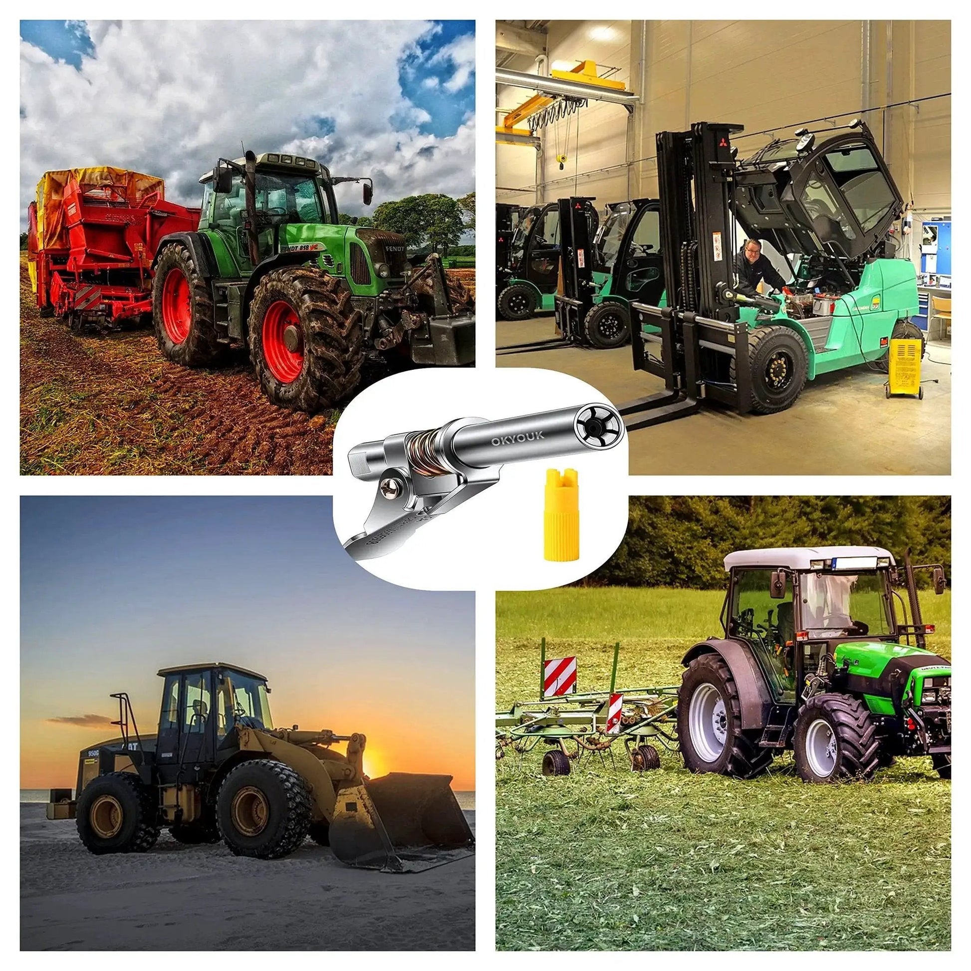 Worlds Smallest Grease Gun Coupler For Tight Spaces With 0.53 Inch Diameter shown in use with tractors and machinery