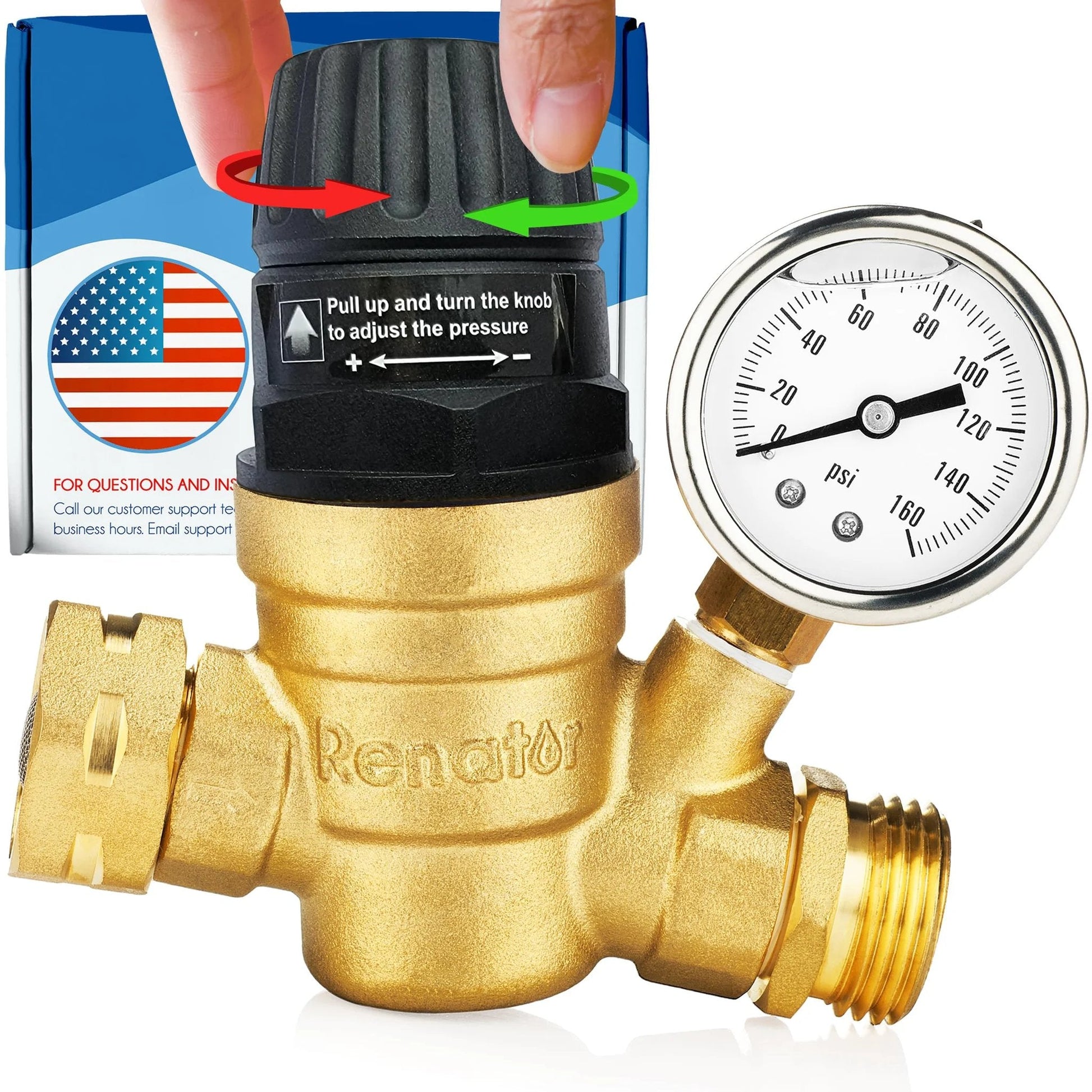 Brass Lead Free RV Water Pressure Regulator With Gauge For Camper And Travel Trailer Adjustable Water Pressure Reducer Valve with filter visible