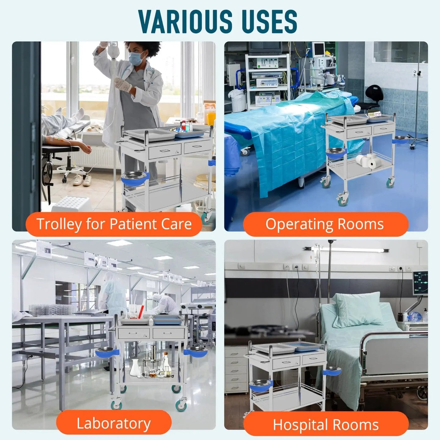 Various uses of Improved Medical Stainless Steel Two Tier Rolling Cart With Wheels And Drawers in clinics and hospitals
