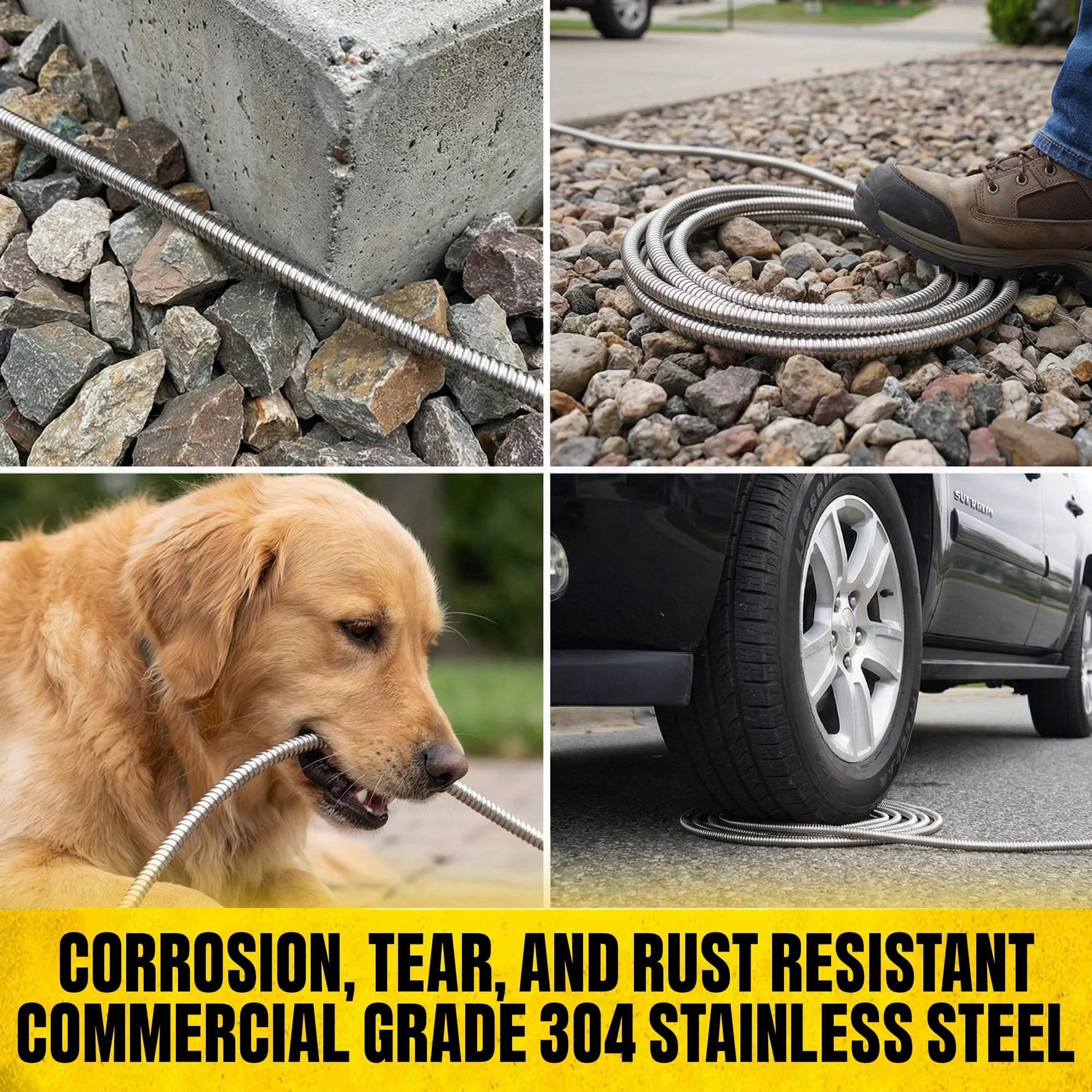 Ultra Durable 50 Ft Five Eighth Inch Stainless Steel Garden Hose With Sprayer Nozzle For Heavy Duty Watering, non kinking design