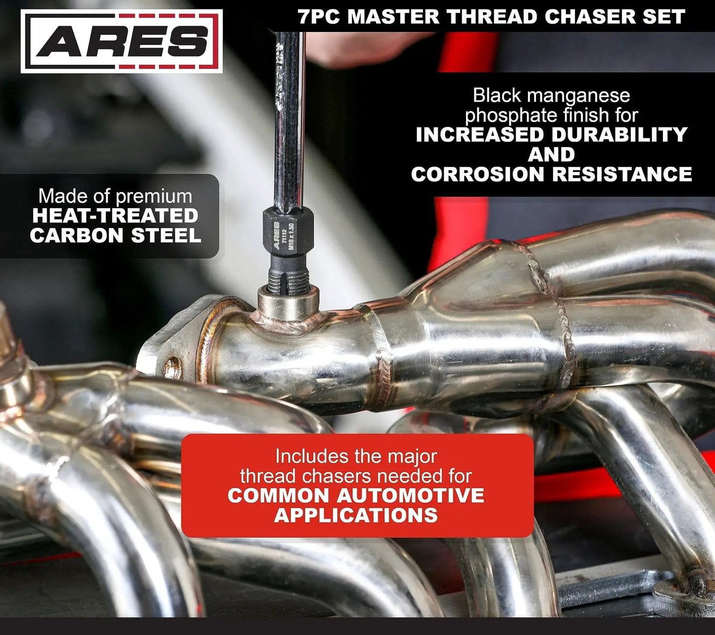 7 Piece Master Thread Chaser Set for Automotive Repairs with Storage Case in use on car exhaust manifold