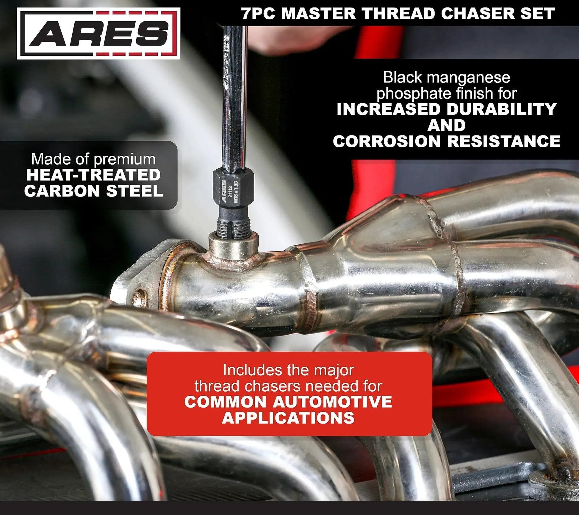 7 Piece Master Thread Chaser Set for Automotive Repairs with Storage Case in use on car exhaust manifold