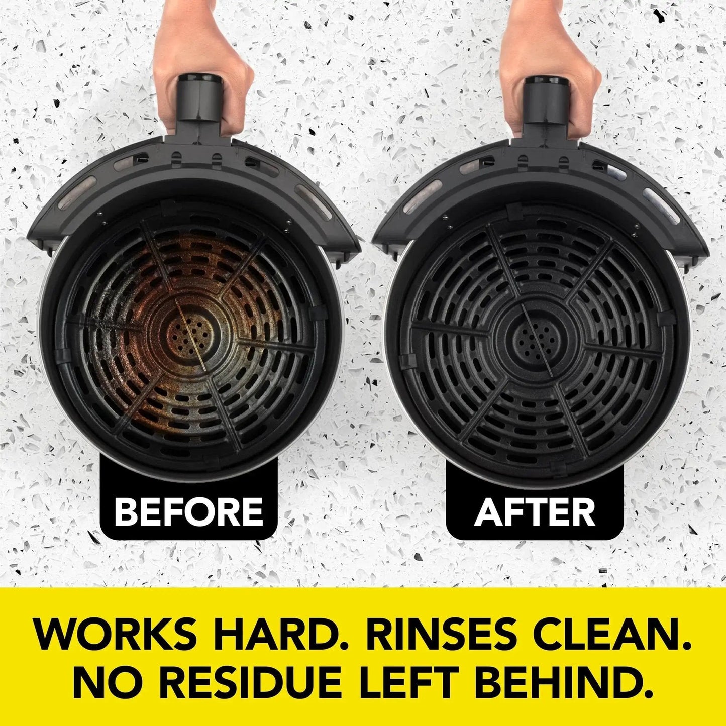 Comparison of ceramic air fryer baskets before and after using Foaming Air Fryer Cleaner Kit With Non Abrasive Sponge