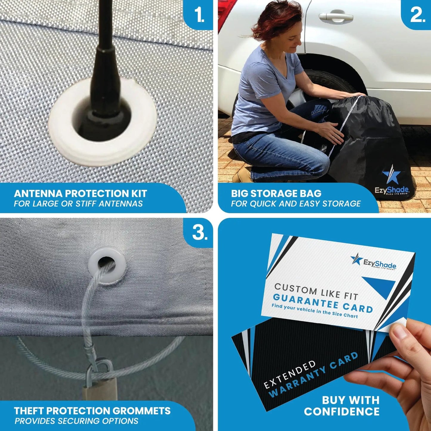 All Weather 10 Layer Waterproof Car Cover For SUVs And Sedans With Size Chart Fit Guaranteed See Vehicle Size A4 features storage bag, antenna protection, theft grommets.
