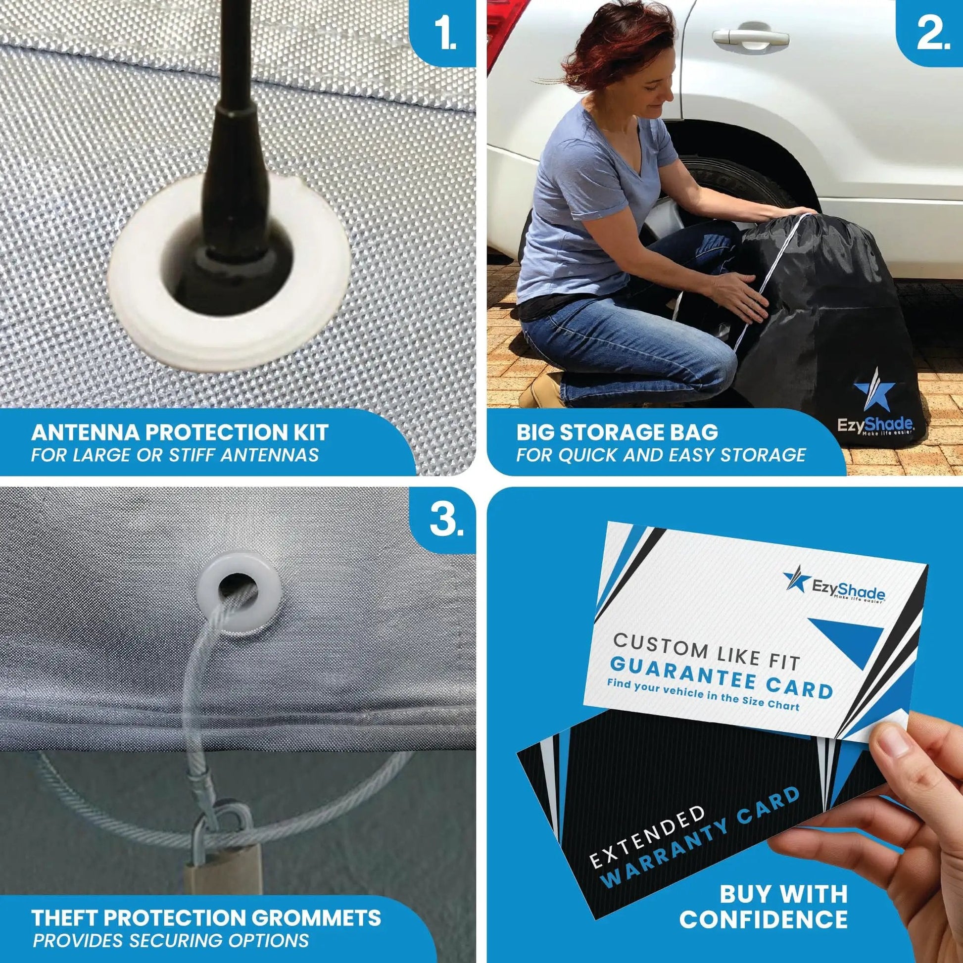 Features of All Weather 10 Layer Car Cover for SUVs and Sedans, including antenna kit, storage bag, grommets, and warranty card.