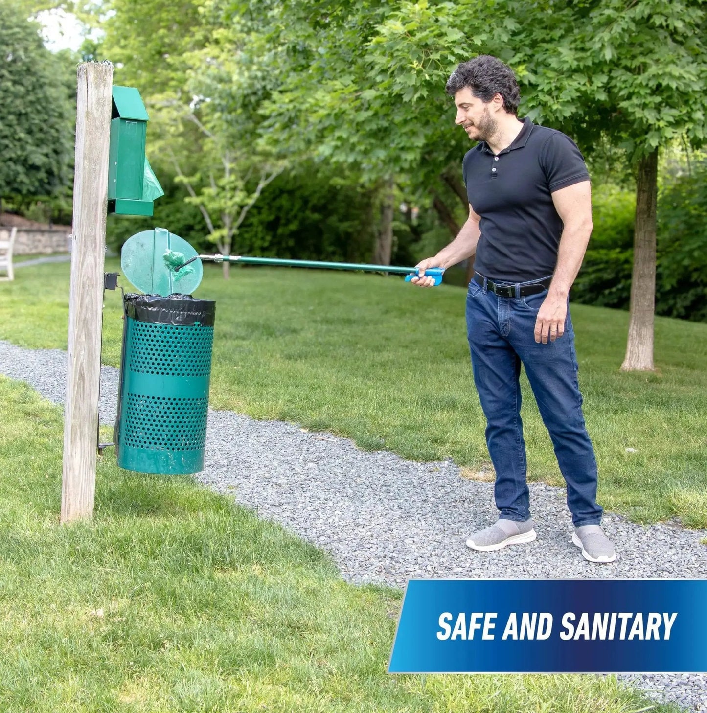 Man using 36 Inch Nifty Nabber Reacher Grabber Tool For Easy Yard Cleanup And Trash Pickup With Built In Magnet And Ergonomic Grip Outdoor Claw