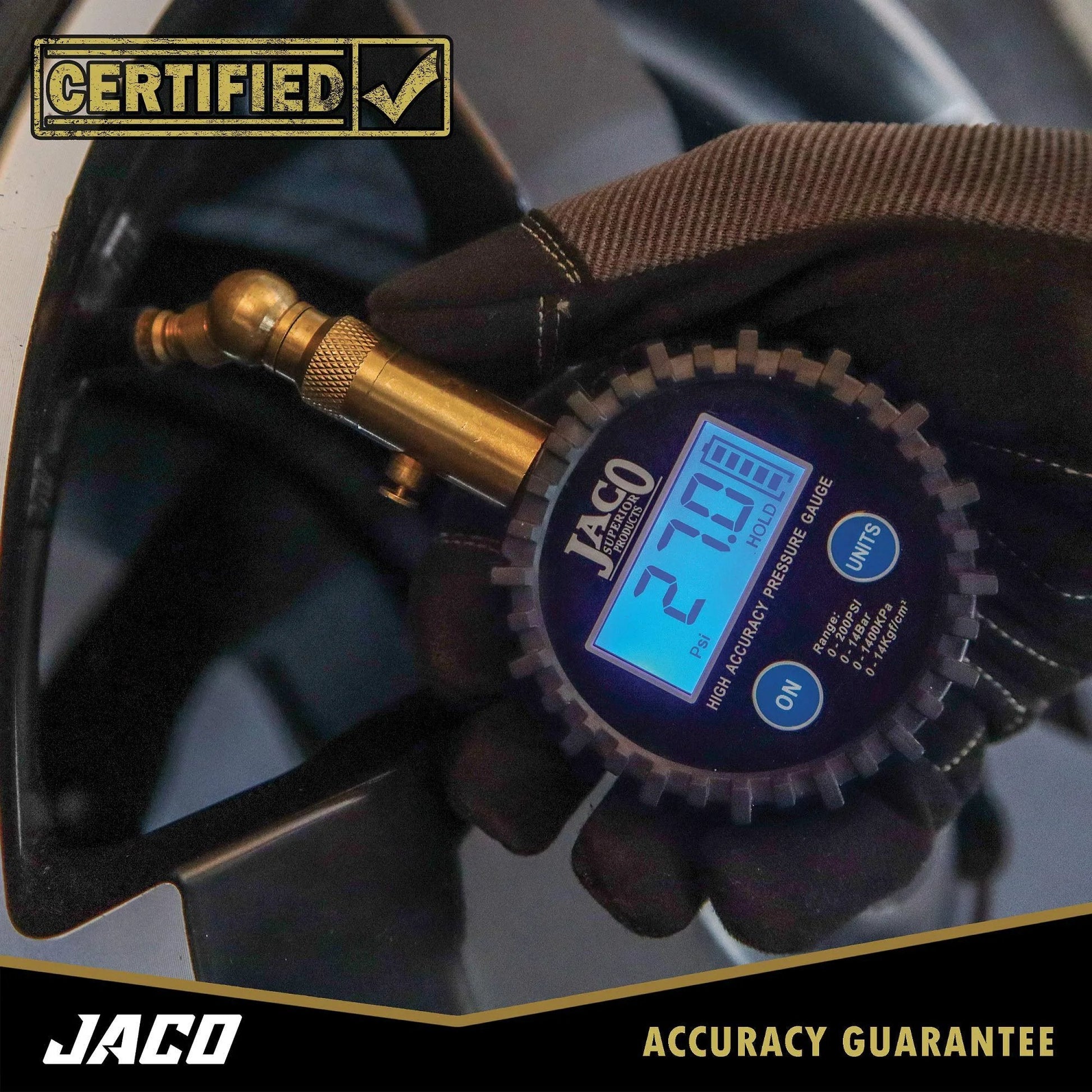 Elite Digital Tire Pressure Gauge For Pro Car Maintenance With 100 PSI Range ANSI 2A Certified shown in use on a tire