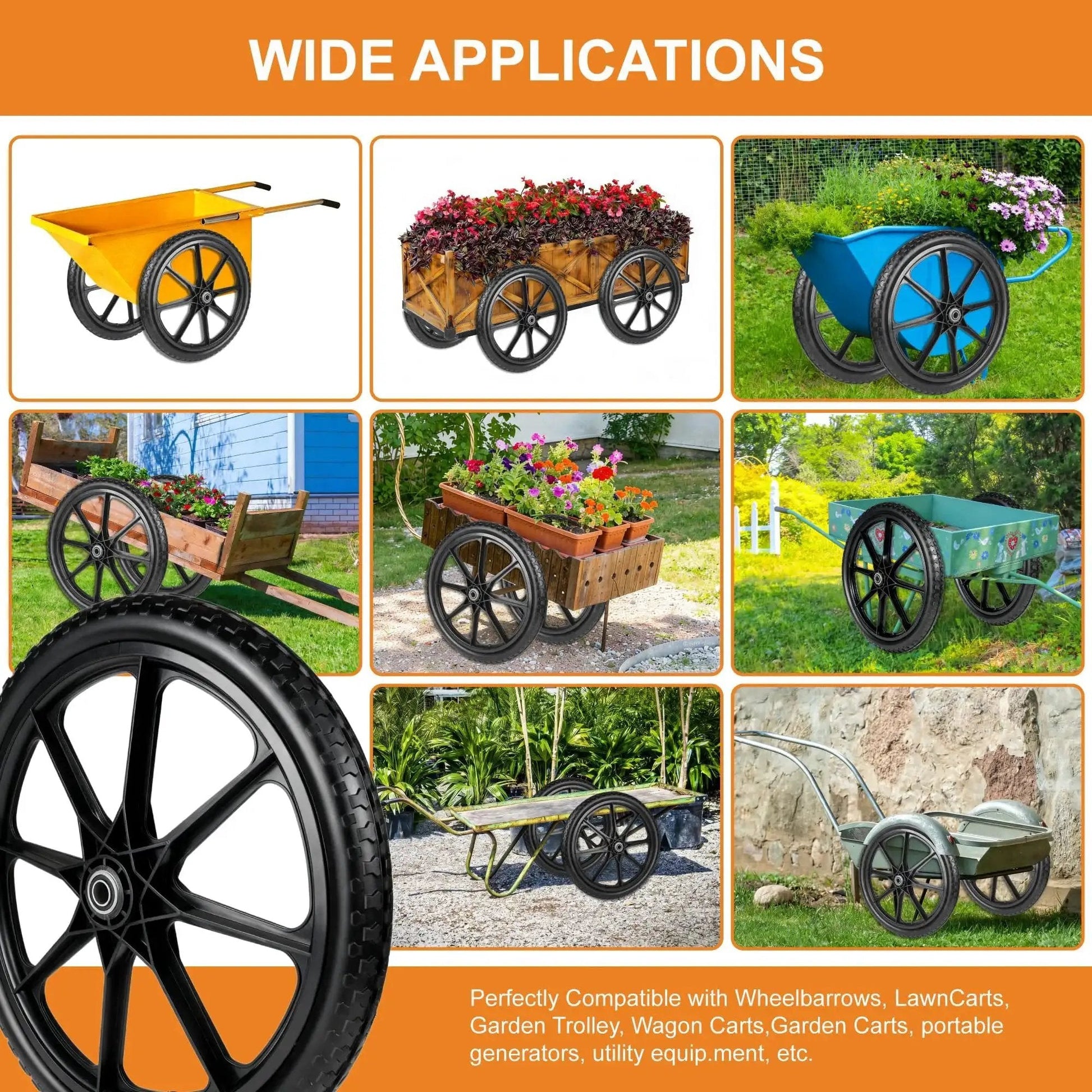 Collage of wheelbarrows with 20 Inch Flat Free Wheel And Tire For Wheelbarrow And Garden Cart Replacement Pack Of 2