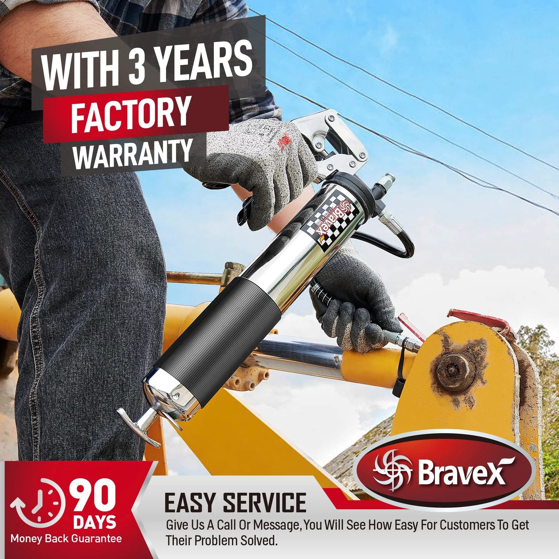 Heavy Duty Pistol Grip Grease Gun With 6000 PSI And 18 Inch Flexible Hose For Pro Shops And DIY Gear Bravex Chrome Canister Anti Corrosion Easy Clean Ultra Durable Lubrication Tool being used by a person in gloves.
