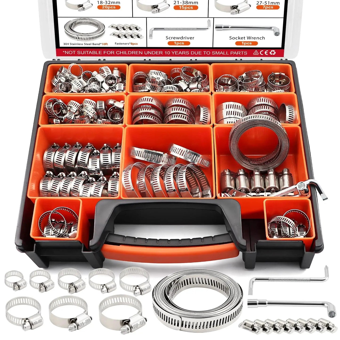 Pro Grade 185 Piece 304 Stainless Steel Anti Rust Hose Clamp Kit with socket wrench and organizer box