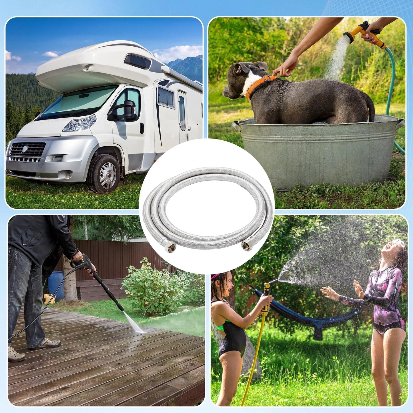 Heavy Duty 5 Foot Garden Hose With EPDM Rubber Core And 304 Stainless Steel Braided Layer No Kink Flexible Water Hose shown in versatile gardening and cleaning tasks.