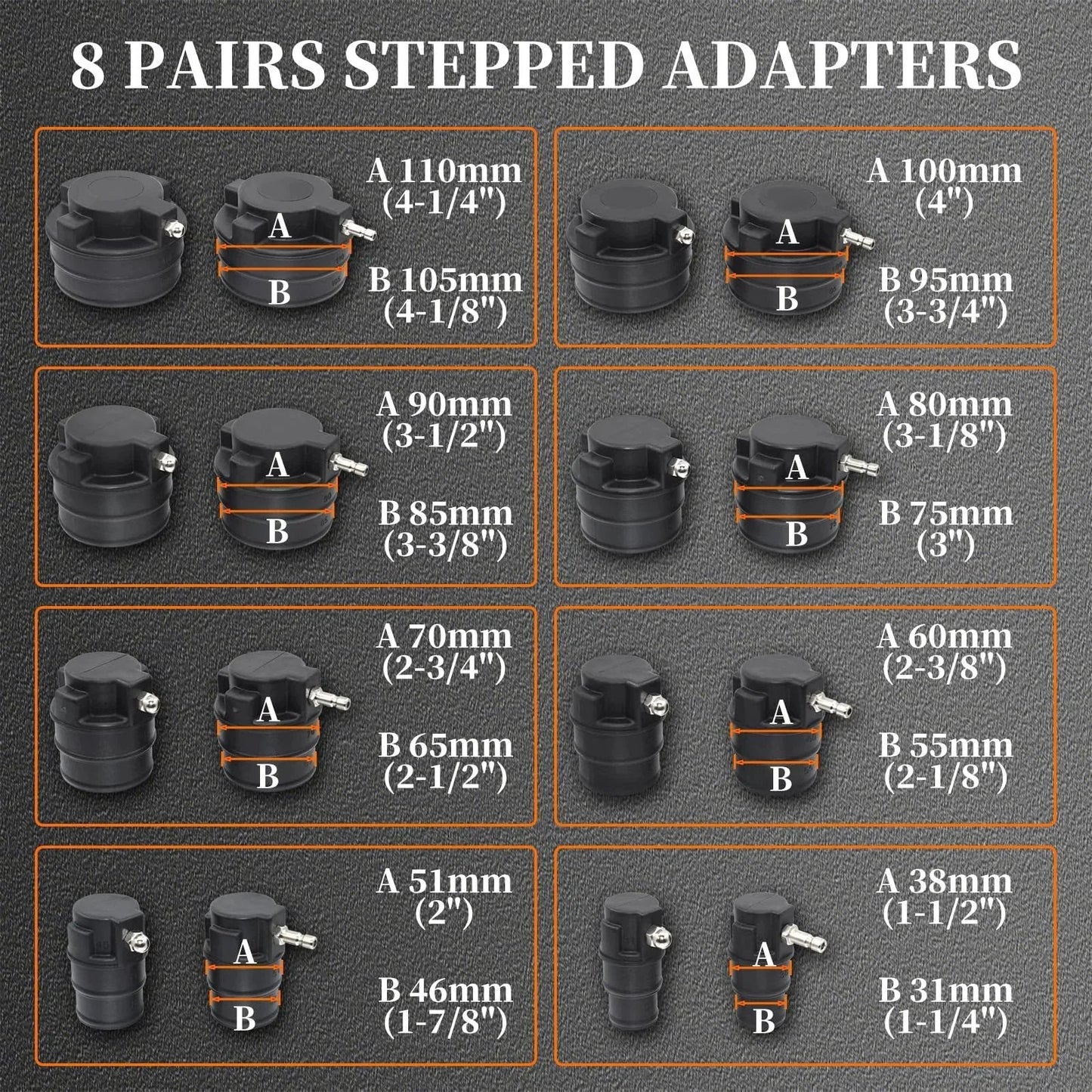 Turbo System Leakage Tester Kit With 19-Piece Set And 8 Stepped Adapters From 1 1/4 Inch To 4 1/4 Inch, multiple adapter sizes displayed
