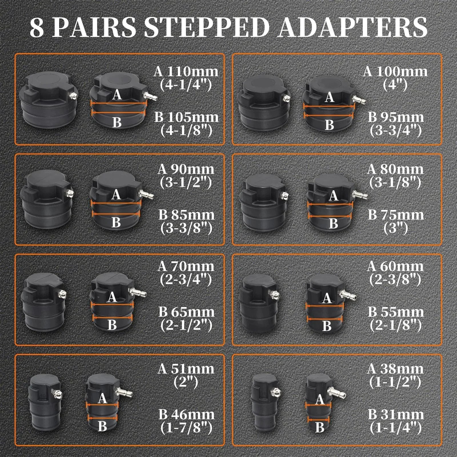 Turbo System Leakage Tester Kit With 19-Piece Set And 8 Stepped Adapters From 1 1/4 Inch To 4 1/4 Inch, multiple adapter sizes displayed