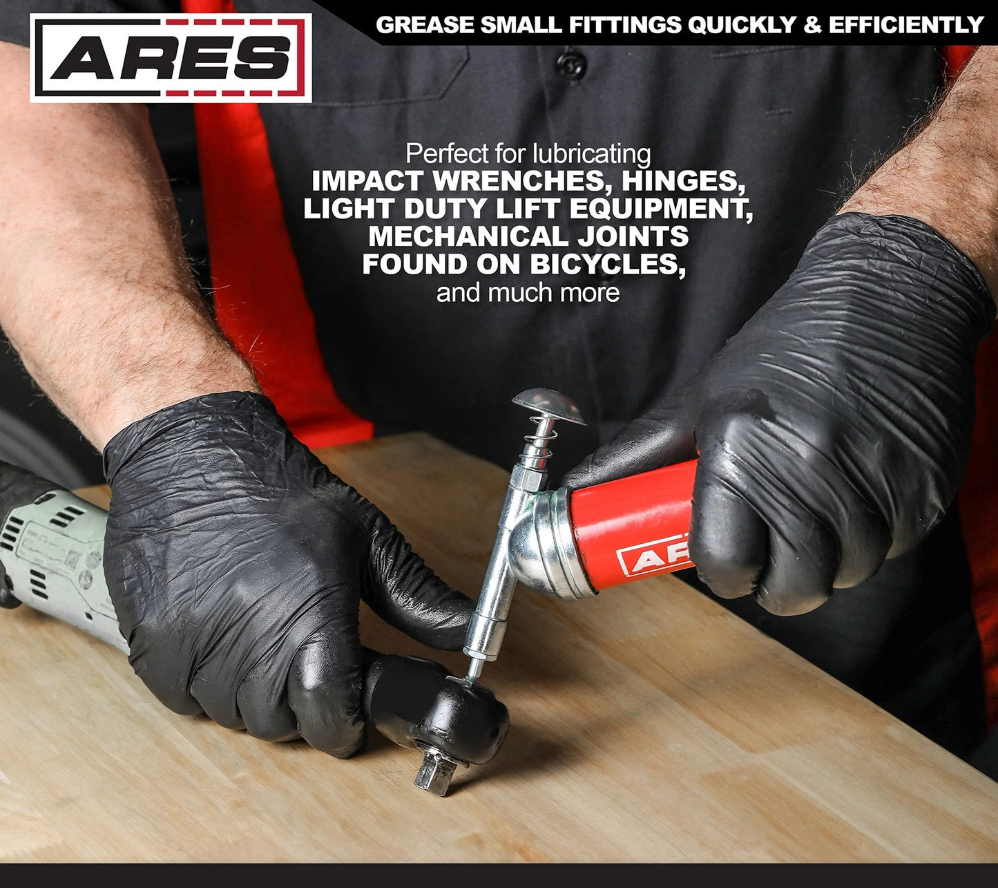 Man using Push Type Mini Grease Gun With Needle Nozzle For Small Fittings, Grab And Go One Handed Operation, 3 Ounce Capacity, 3000 PSI Working Pressure, ARES 53010 on a mechanical joint