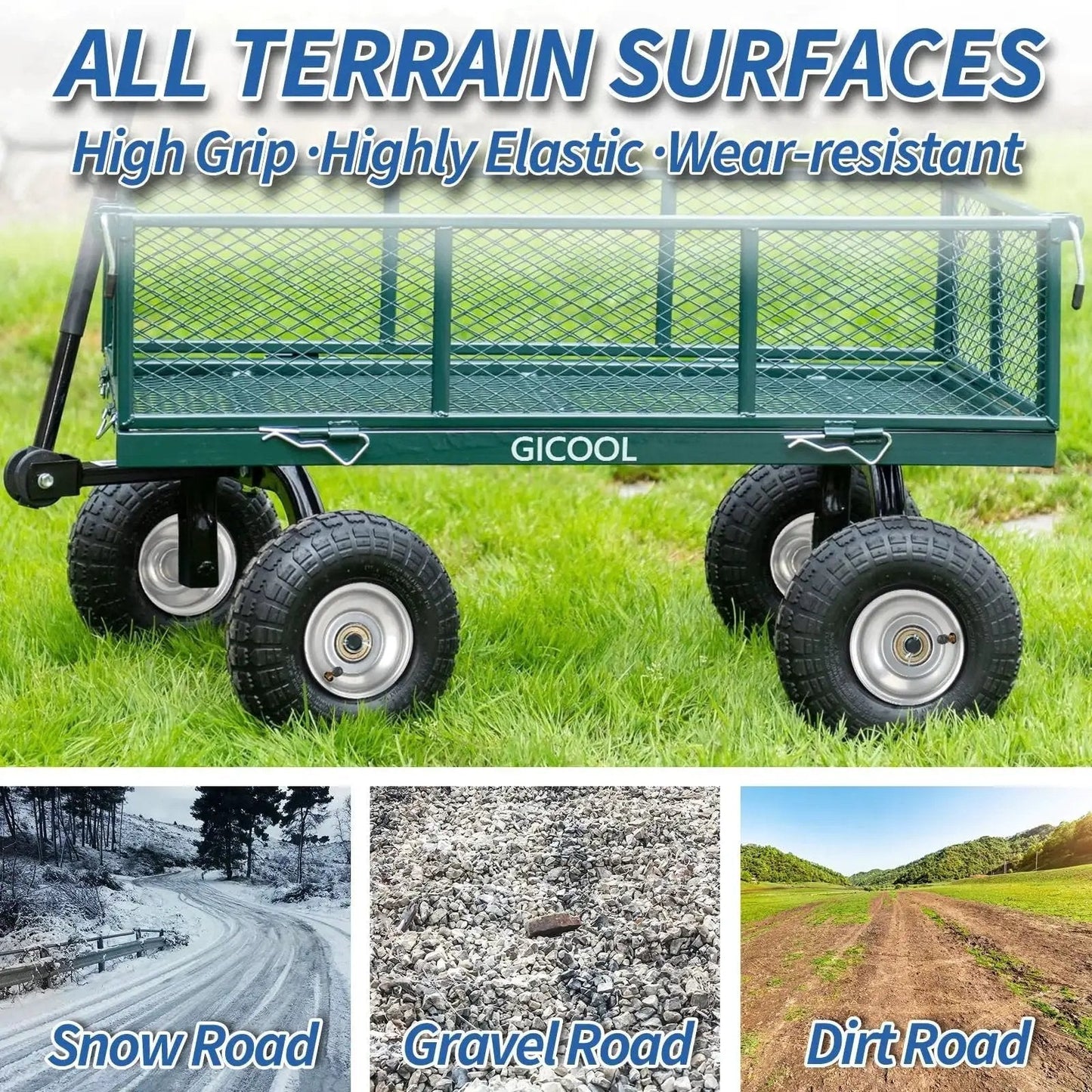 Ten Inch Pneumatic Tire And Wheel Set For Hand Trucks Trolleys Dollies And Garden Carts Two Pack displayed on green wagon