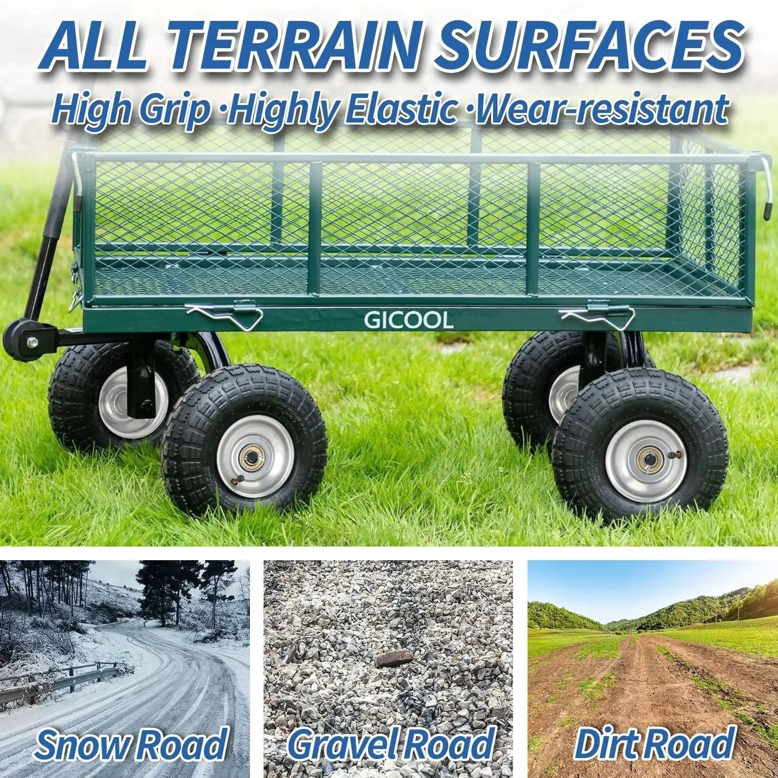 Ten Inch Pneumatic Tire And Wheel Set For Hand Trucks Trolleys Dollies And Garden Carts Two Pack displayed on green wagon