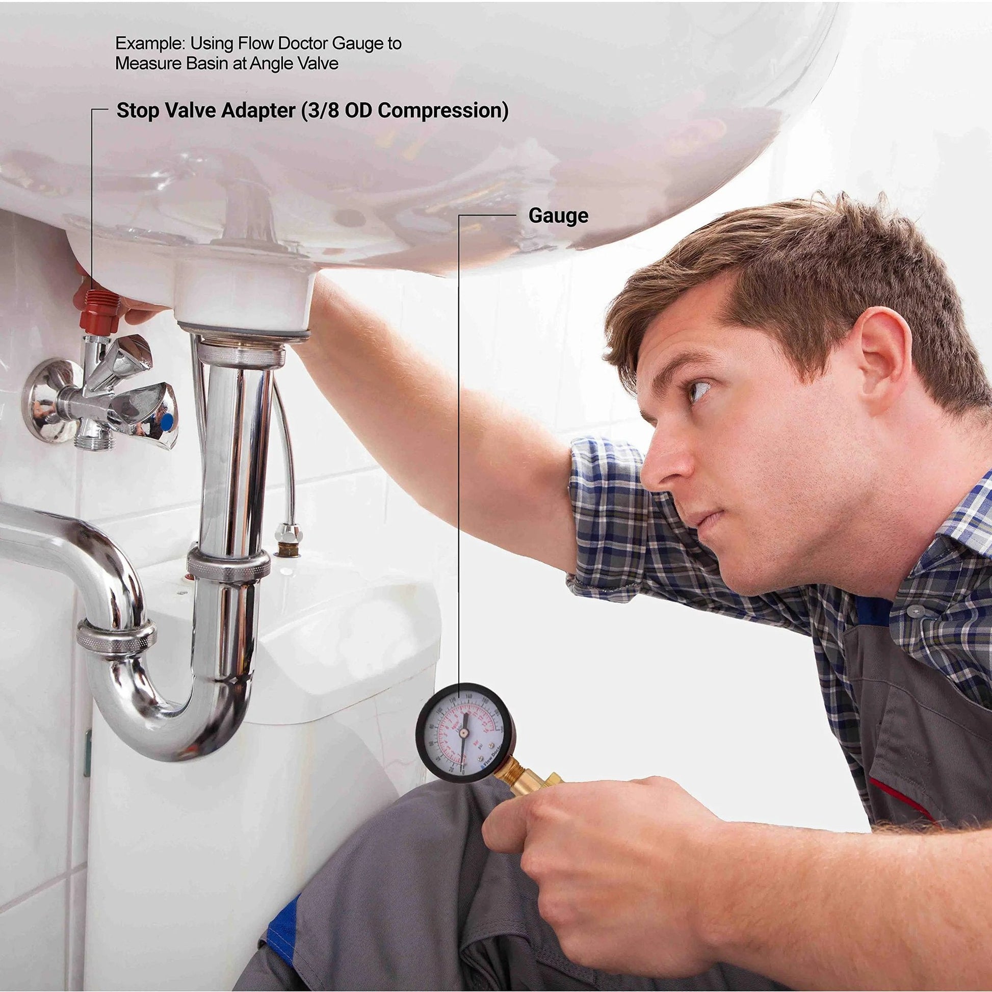 All Purpose Pro Grade Water Pressure Gauge Kit With Glycerin Filled Gauge Flow Doctor 0 To 200 Psi used on sink pipes