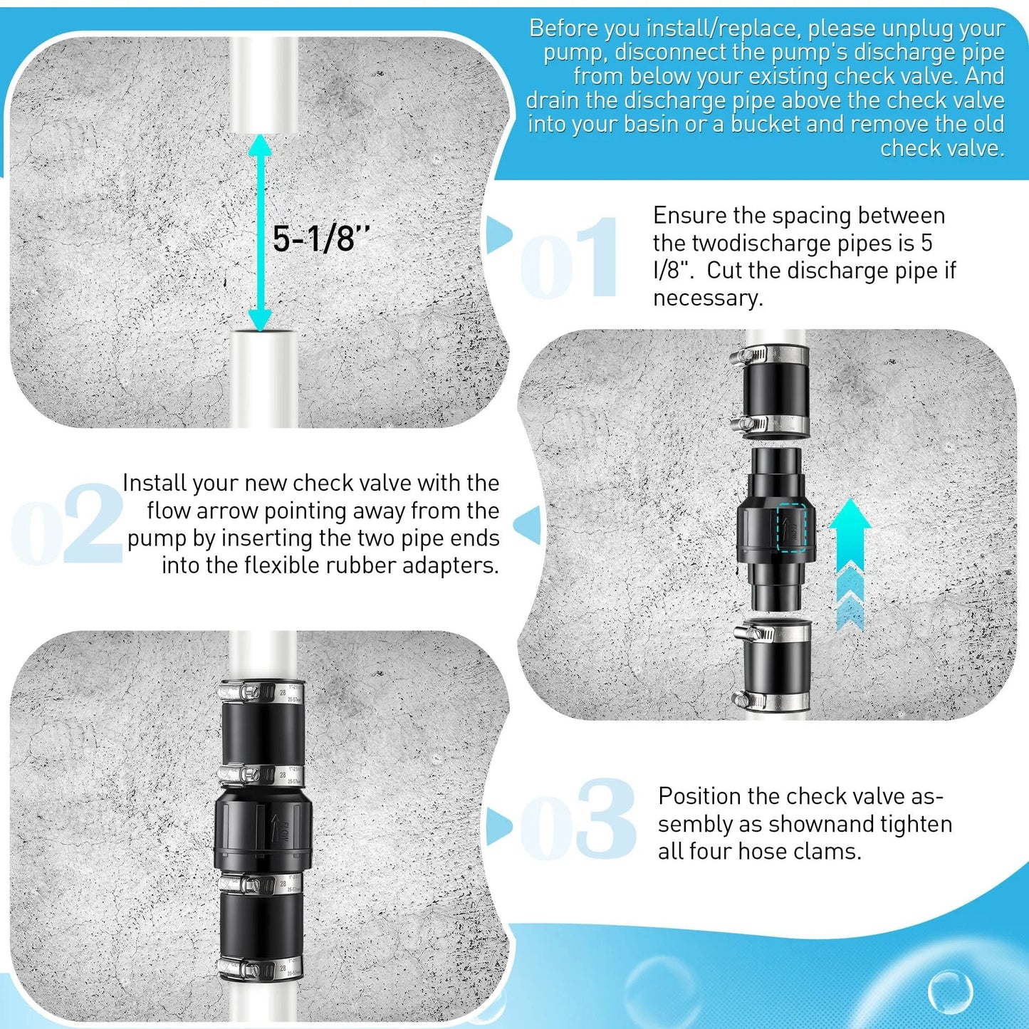 Installation steps for Sump Pump Check Valve For One And A Half Inch And One And A Quarter Inch Pipe Sizes Includes Four Stainless Steel Hose Clamps ABS Plastic Body Keeps Your Basement Dry Prevents Leaks And Extends System Life Built To Last By Threlaco.