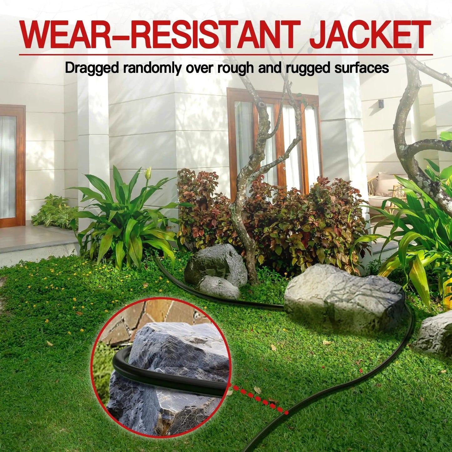 Outdoor 25 Ft Extension Cord 16 AWG SJTW 125V 13A Weatherproof ETL Listed on grass and stone, highlighting wear-resistant jacket.