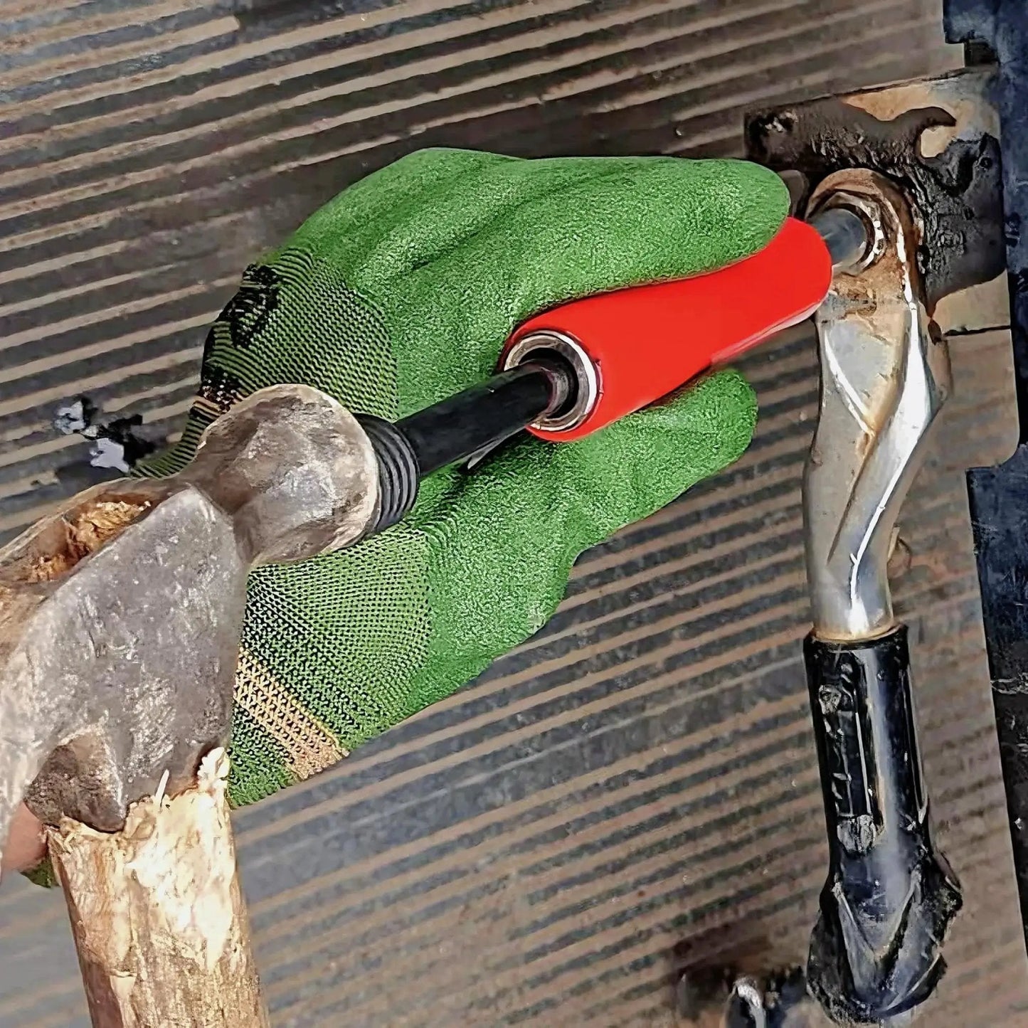 Close-up of a hand using a Grease Fitting Cleaning Tool For Zerks And Joints Easy Flush Of Dried Grease With Hydraulic Pressure