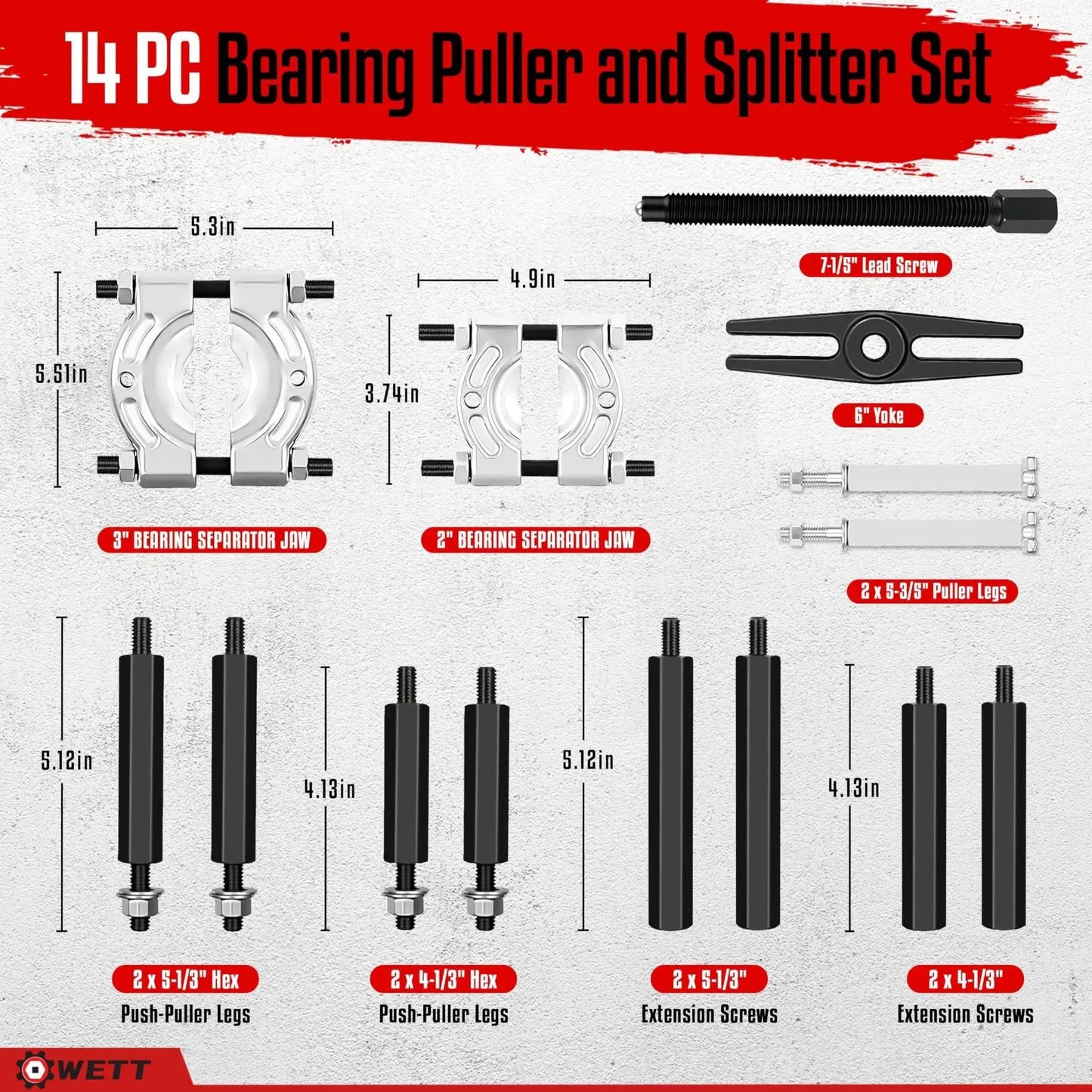 Bearing Puller And Splitter Set 14-Piece Heavy Duty Kit With 5 Ton Capacity displayed with each component labeled, including 2-inch and 3-inch separator jaws and extension screws.