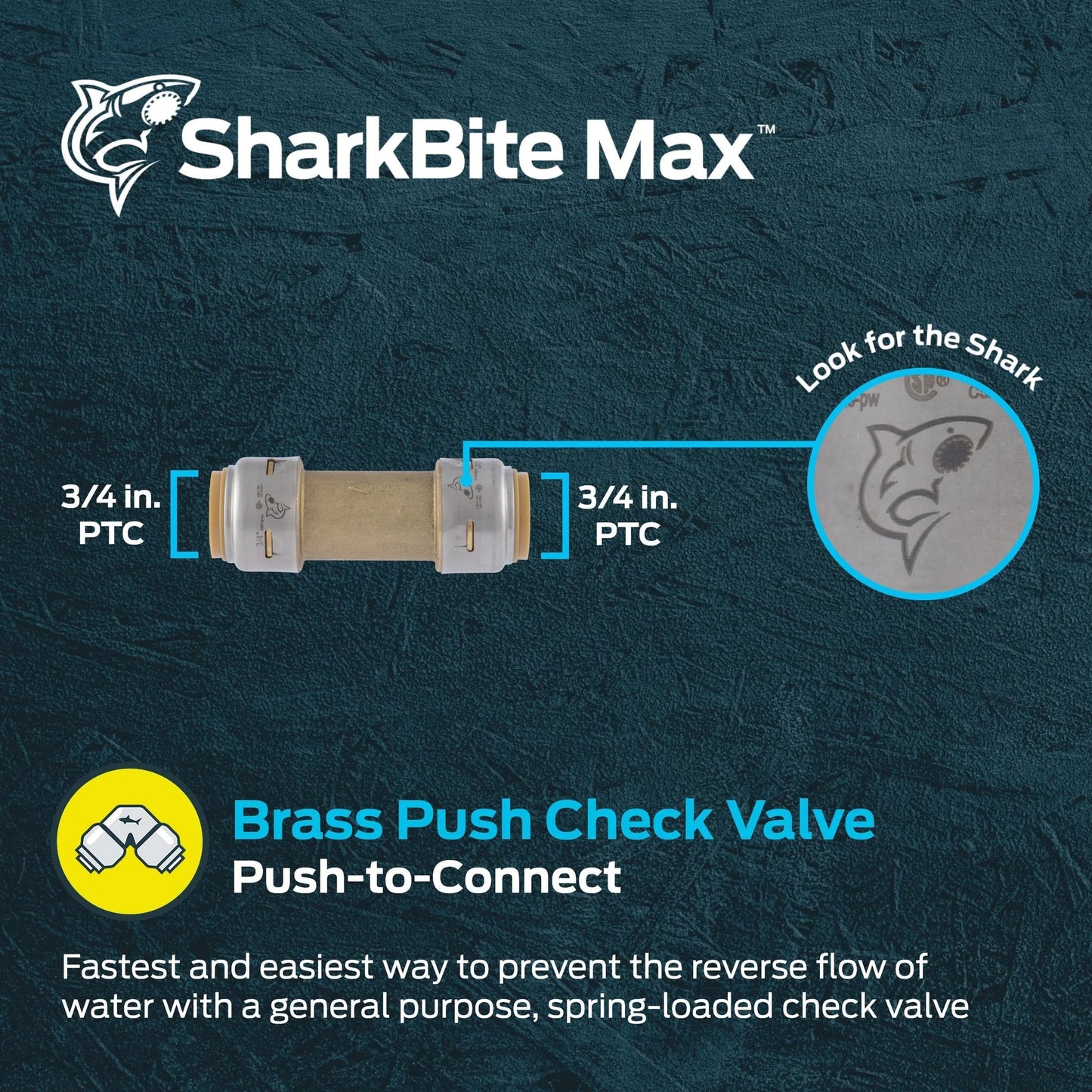High Flow Three Quarter Inch Push To Connect Check Valve In Brass SharkBite Max UR2016A Fitting for PEX Copper CPVC PERT and HDPE Pipes.
