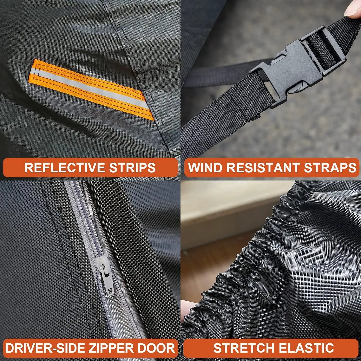 Close-up of features on All Weather Heavy Duty SUV Car Cover With Zipper For Outdoor Snow Sun UV Waterproof Exterior Protection Universal Fit For SUVs And Jeeps Up To 181 Inches Kayme, including zipper door, reflective strips, wind resistant straps, and stretch elastic.