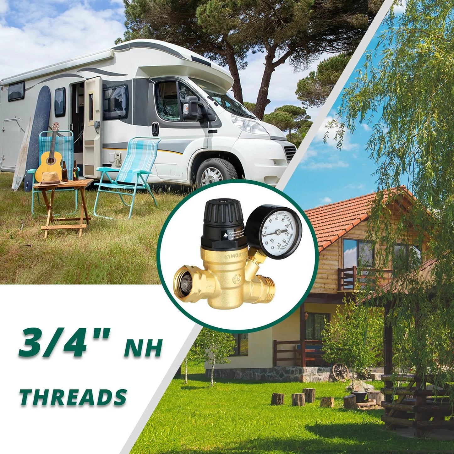 Brass Lead Free RV Water Pressure Regulator For Camper With 0-160 PSI Adjustable Gauge Built In Filter Easy Install Reducer Valve And Pipe Tape Included Premium Shield For Your RV Plumbing Against High Water Pressure, shown with 3/4 inch threads.
