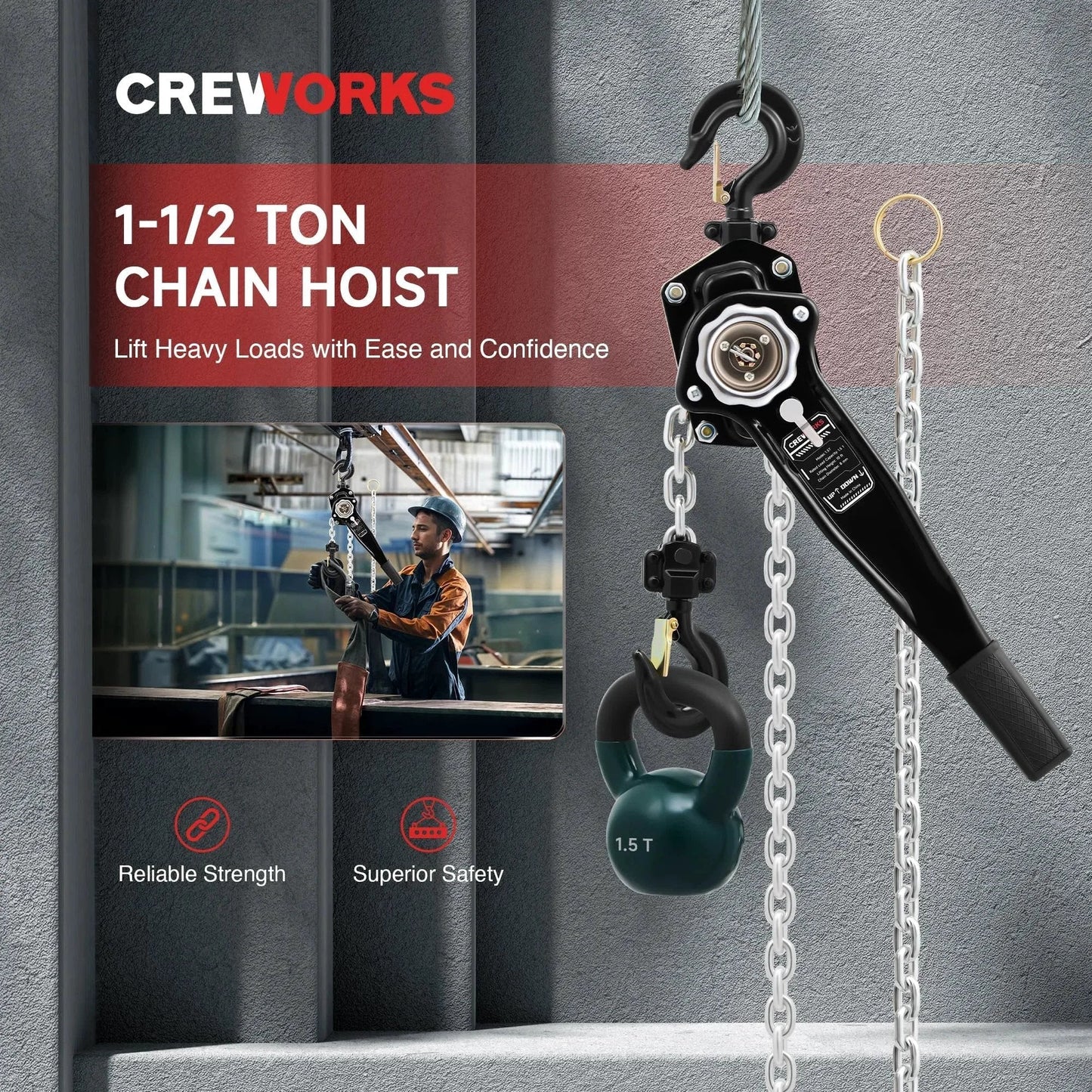 Lever Chain Hoist One And One Half Ton Capacity 3300 Lb Manual Chain Hoist With Ten Ft Lift G80 Galvanized Chain and worker