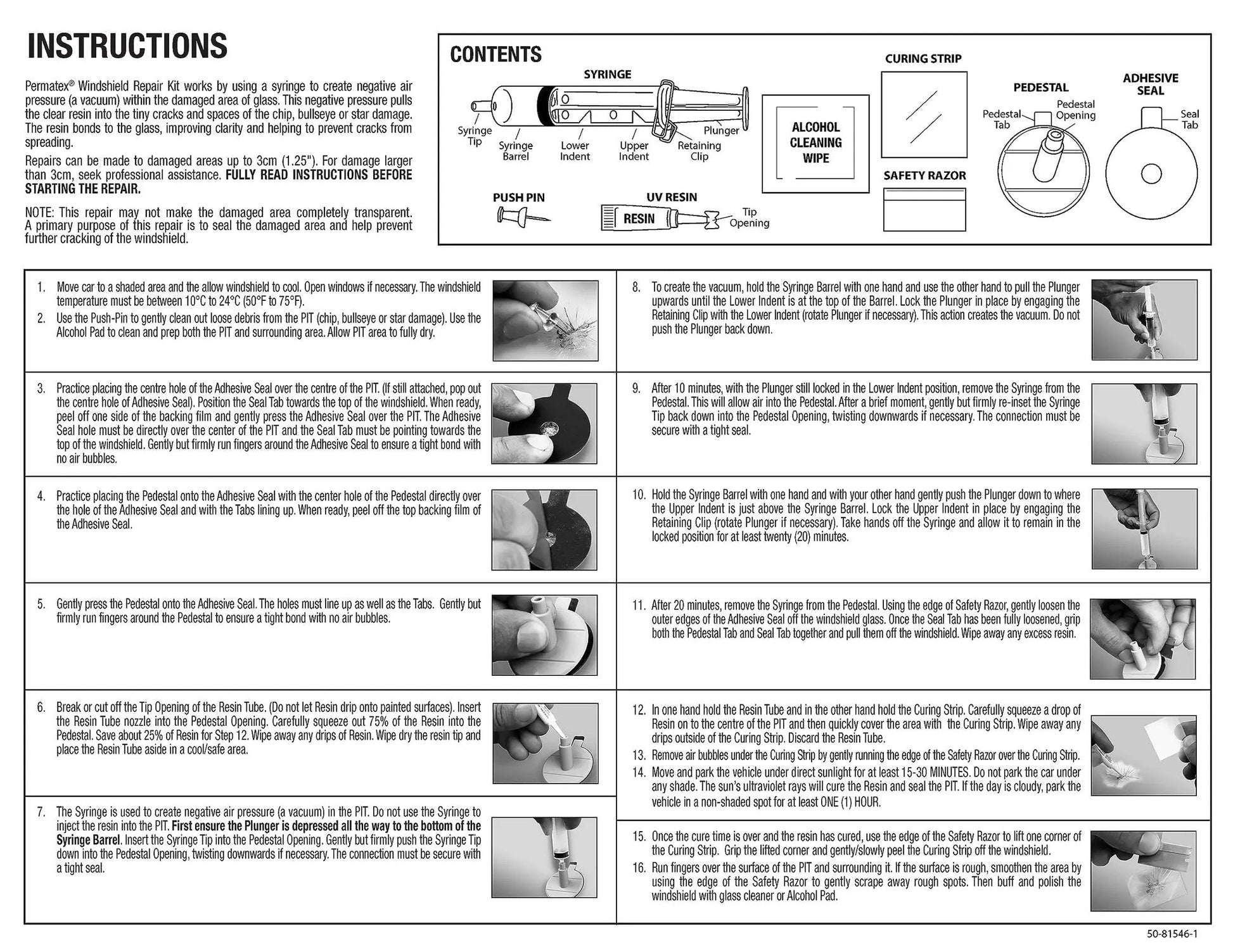 Instructions for Windshield Chip Repair Kit For Stone Damage And Bullseyes, Fills Chips Up To 3cm With Repair Resin, Helps Prevent Cracking, Reduces Visibility, Safe And Easy To Use Permatex 81546.