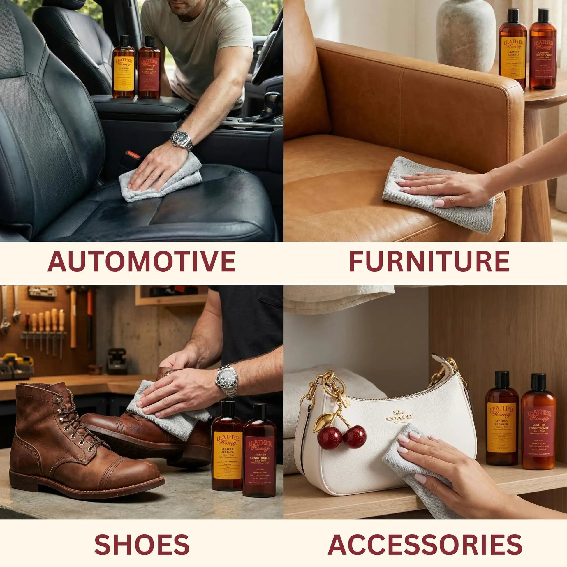 Premium Leather Cleaner For Auto Interiors And Furniture Shoes Bags And Apparel From Leather Honey Brand Non Toxic Fragrance Free Formula EPA Safer Choice 8 Oz Safe For All Leather Types Car Interiors used on various surfaces.