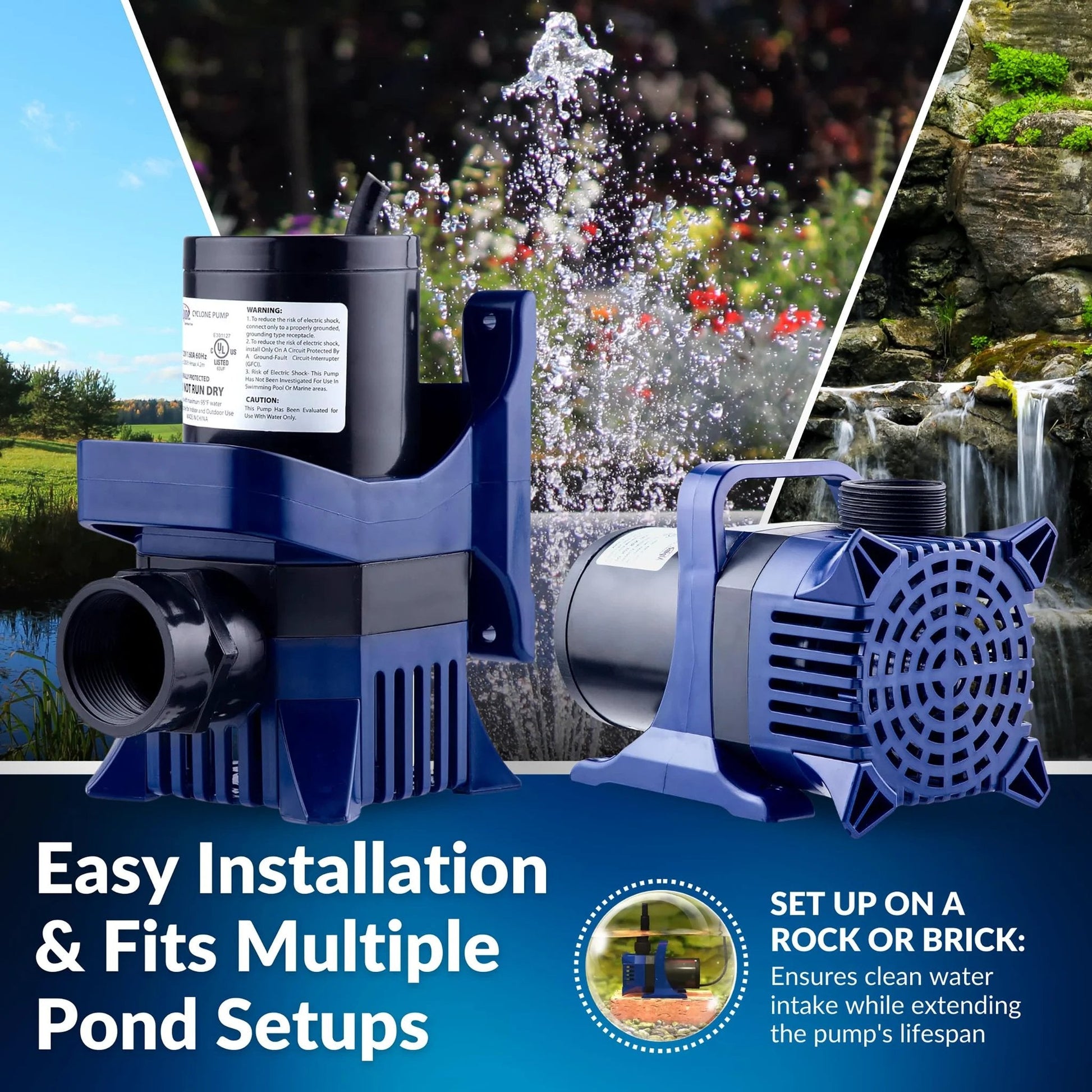 Powerful 10300 GPH Submersible Water Pump for Ponds, Fountains, and Waterfalls With 40 Ft Lift, 33 Ft Cord, Adapters Included, Quiet Operation, 960 Watts for Reliable Water Circulation Alpine Corporation, shown on land with water features in background.