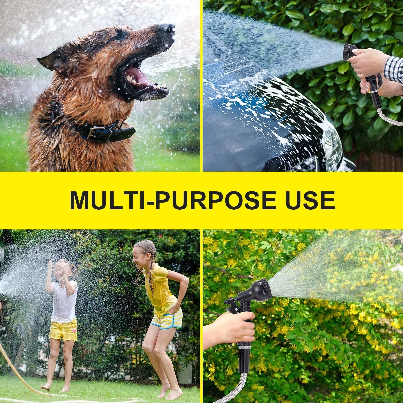 Heavy Duty 25 Ft Stainless Steel Water Hose With Two Nozzles used for washing dog, car, and children playing.