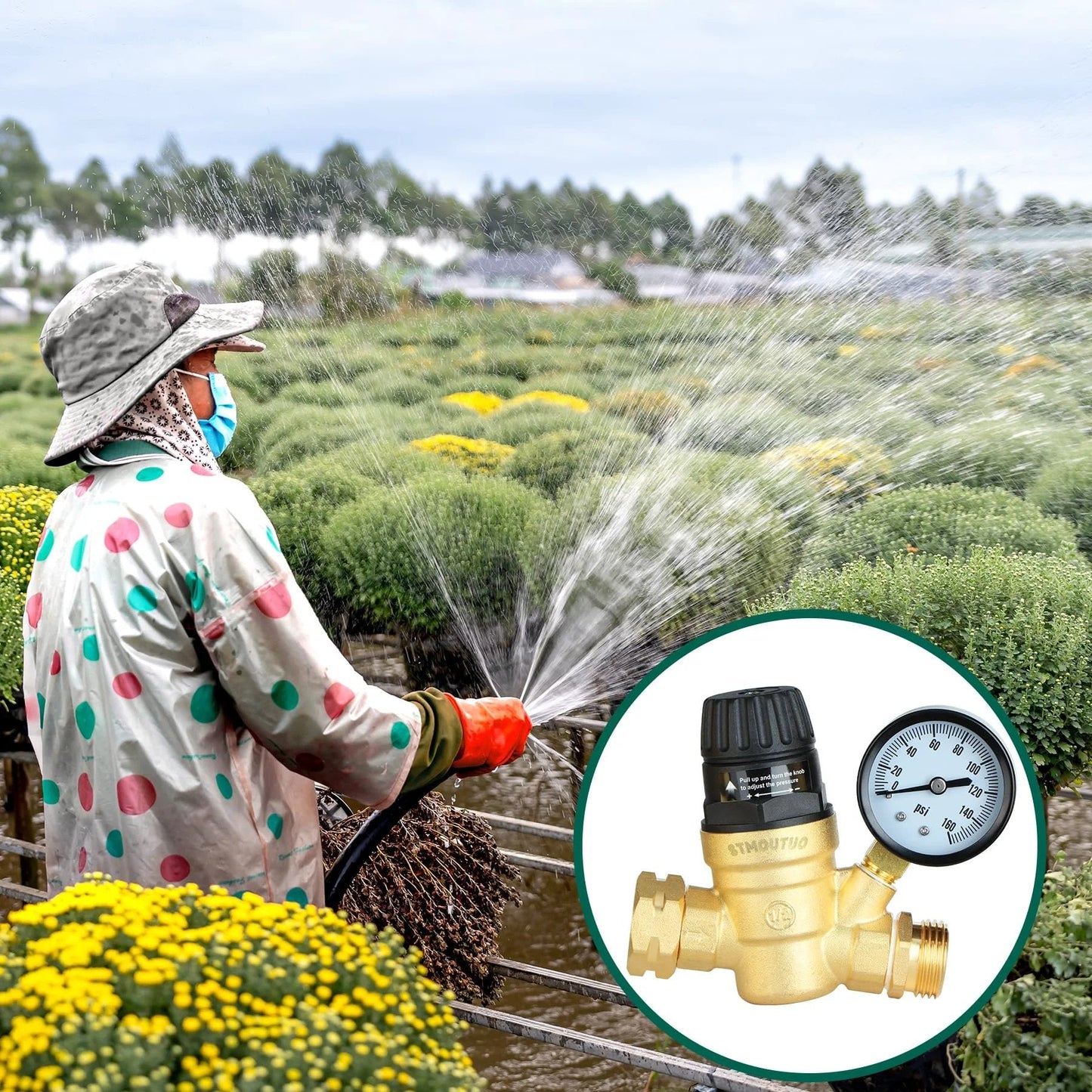 Brass Lead Free RV Water Pressure Regulator For Camper With 0-160 PSI Adjustable Gauge overlay on gardener watering flowers.