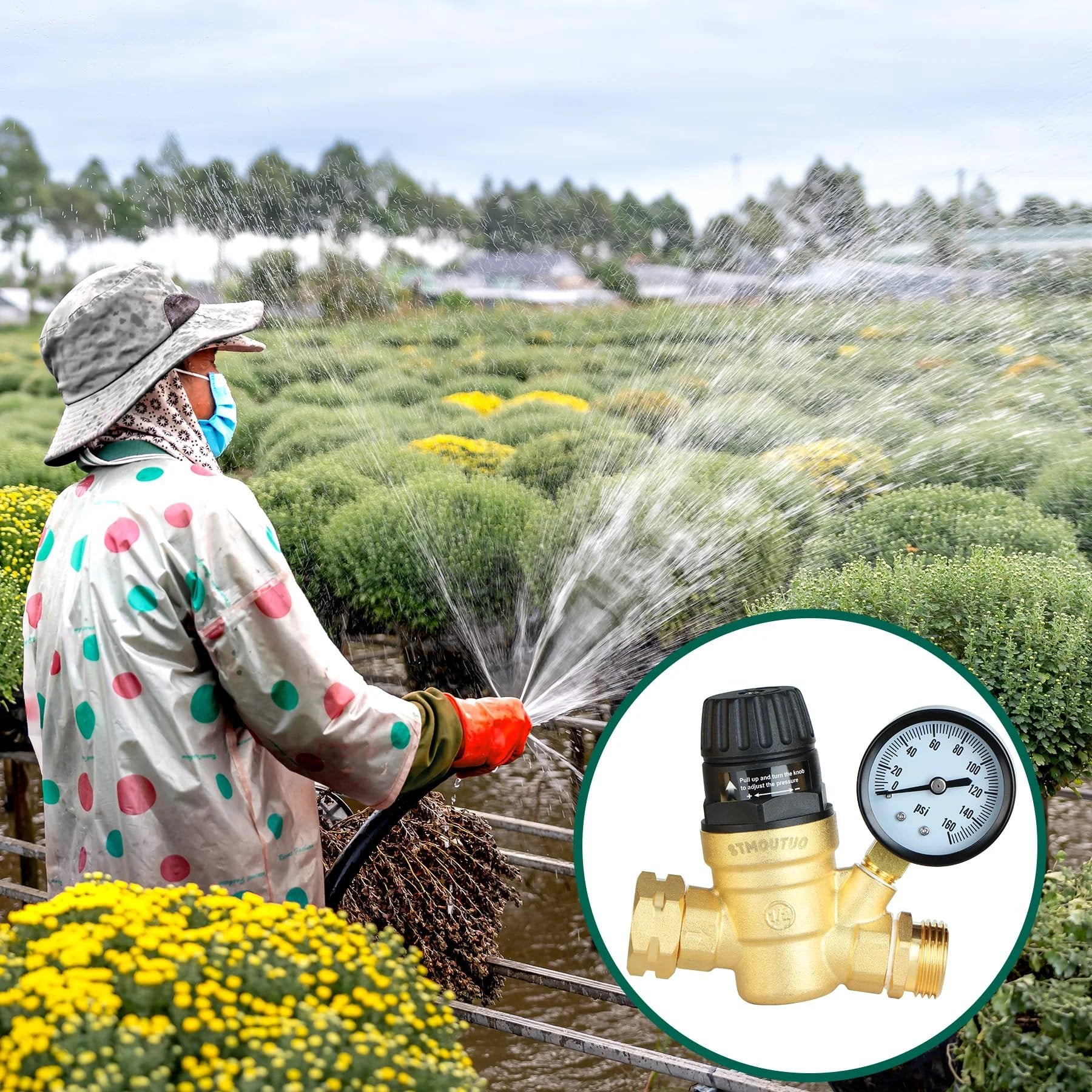 Brass Lead Free RV Water Pressure Regulator For Camper With 0-160 PSI Adjustable Gauge overlay on gardener watering flowers.