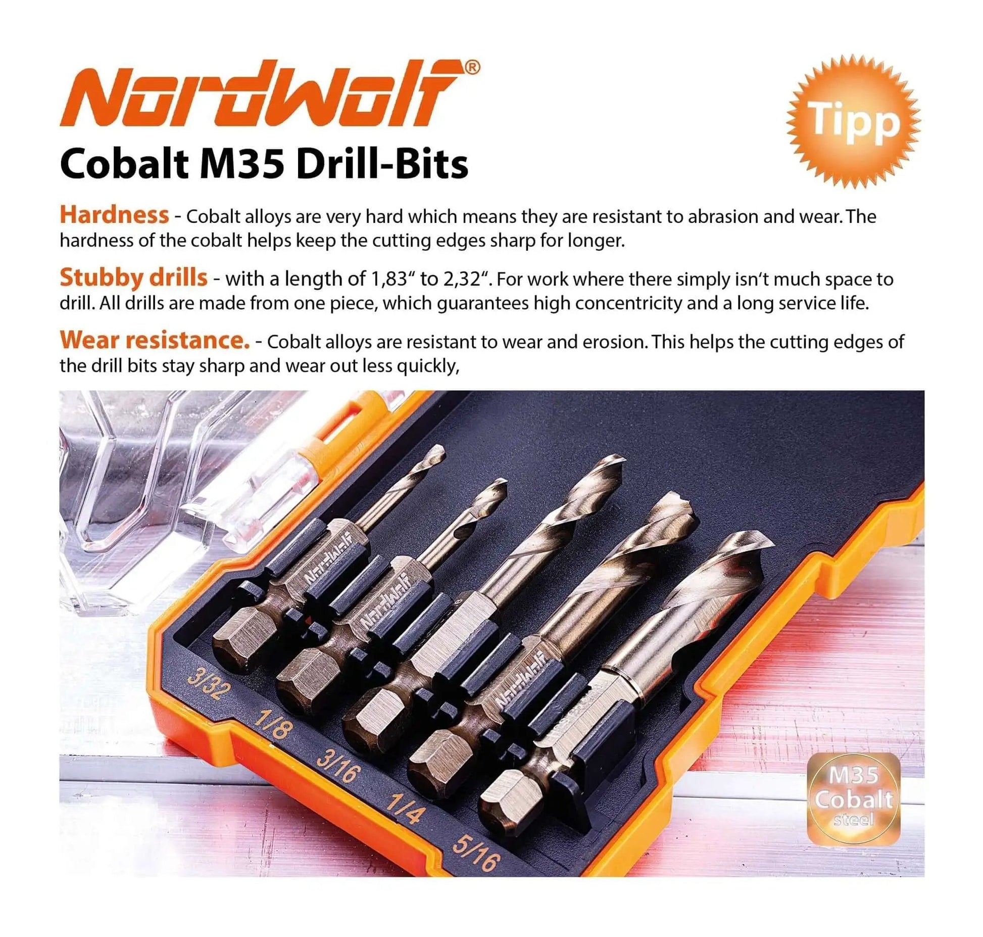 Five-Piece M35 Cobalt Stubby Drill Bit Set For Stainless Steel And Other Hard Metals With One Quarter Inch Hex Shank